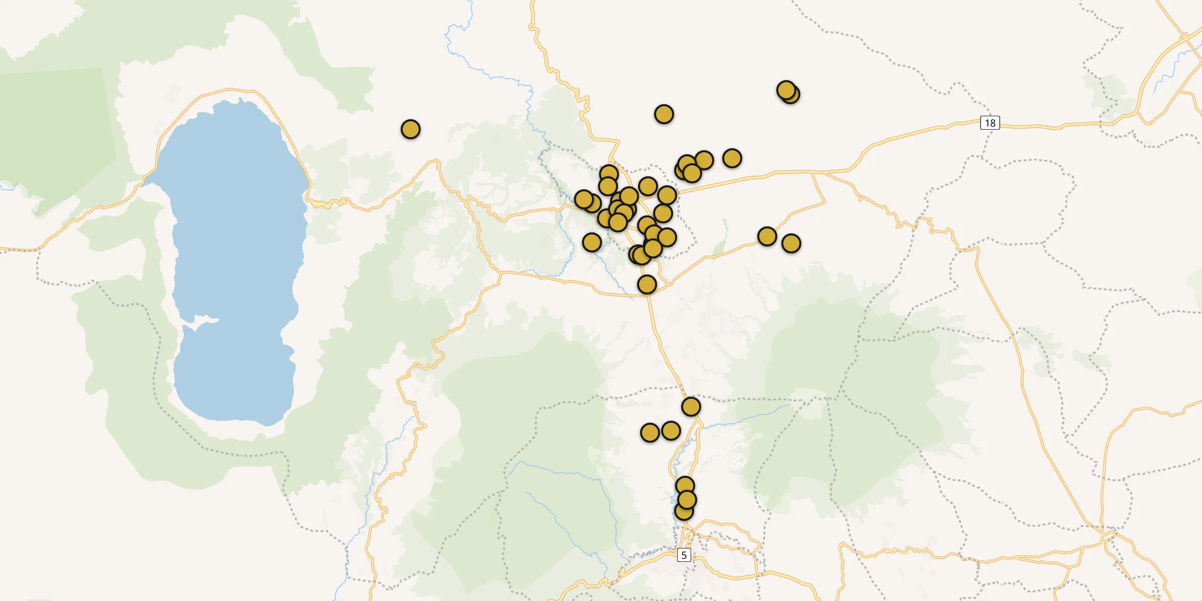 Plan des mosquées à Bukittinggi : cliquez sur un point pour voir la fiche