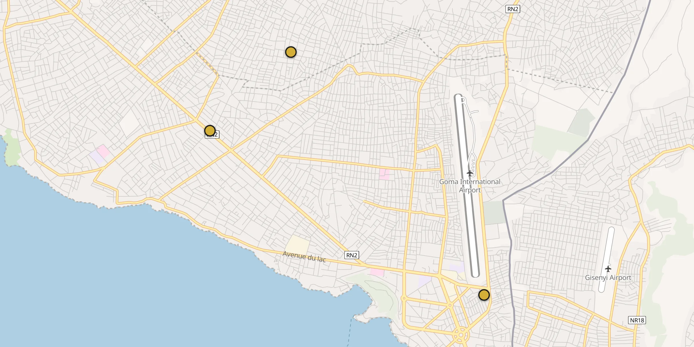 Plan des mosquées à Goma : cliquez sur un point pour voir la fiche