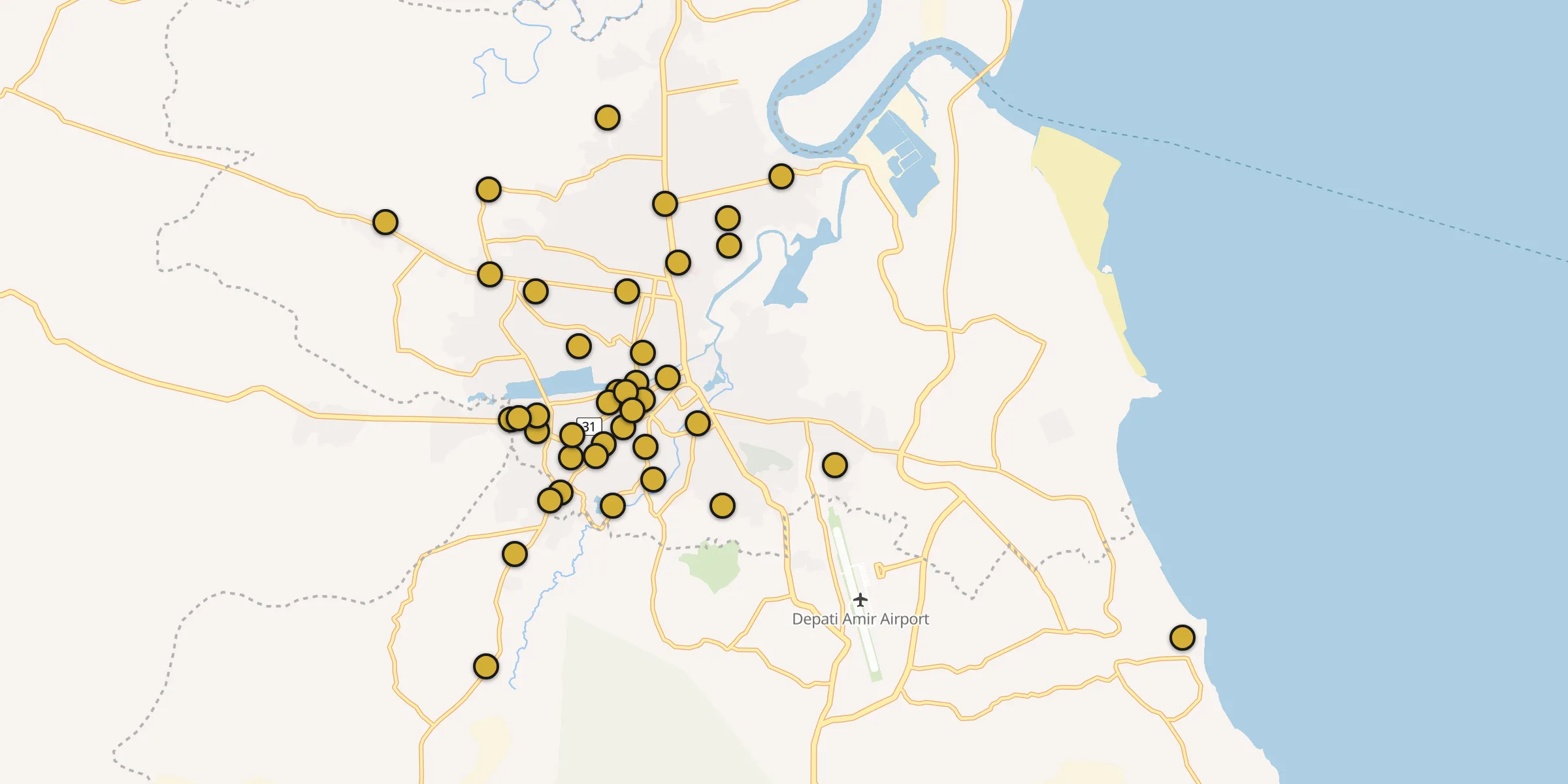Plan des mosquées à Pangkalpinang : cliquez sur un point pour voir la fiche