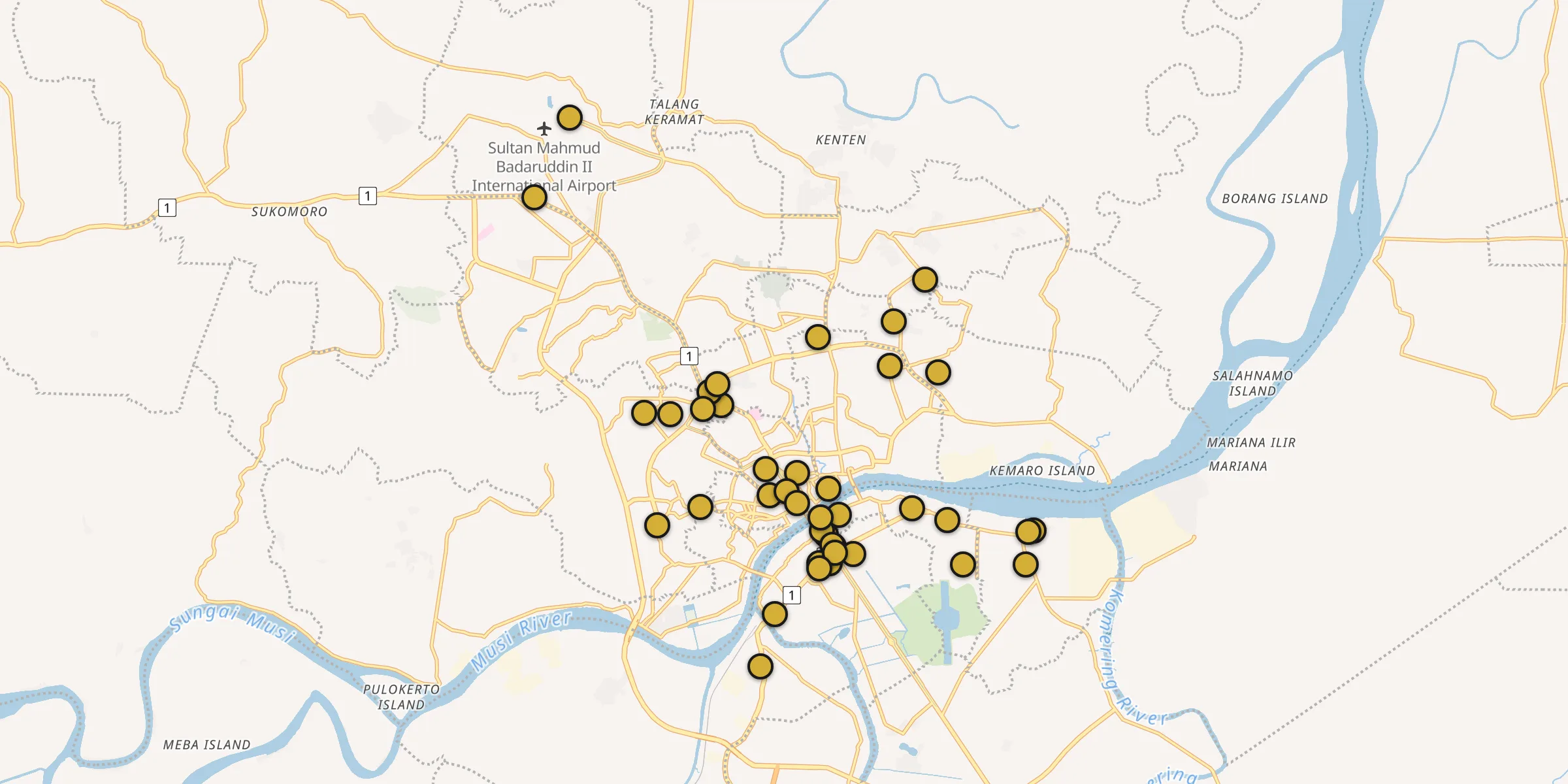 Plan des mosquées à Palembang : cliquez sur un point pour voir la fiche