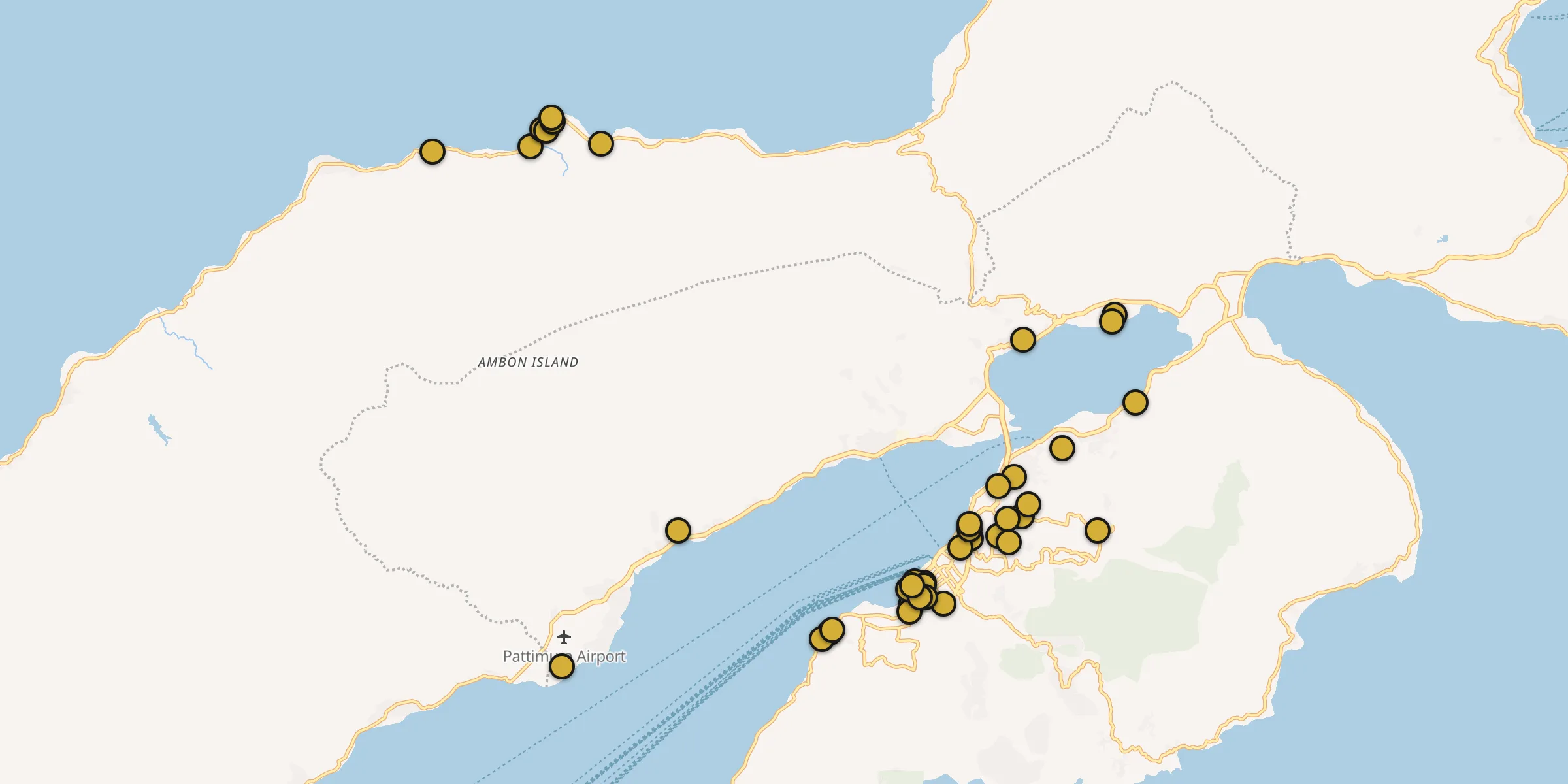 Plan des mosquées à Ambon : cliquez sur un point pour voir la fiche