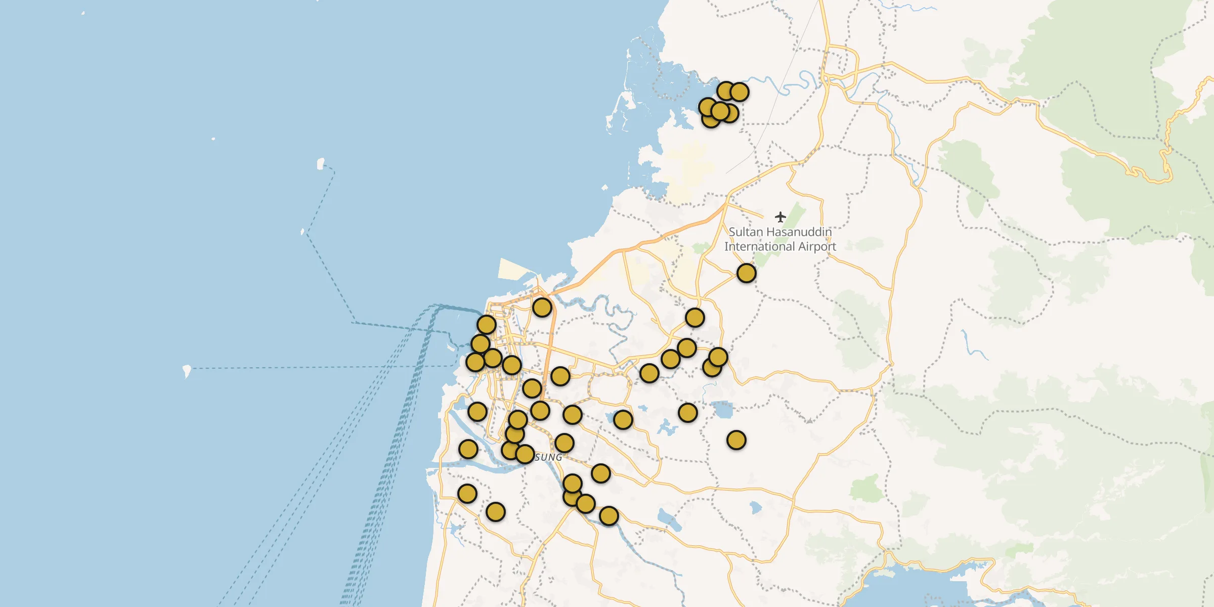 Plan des mosquées à Makassar : cliquez sur un point pour voir la fiche