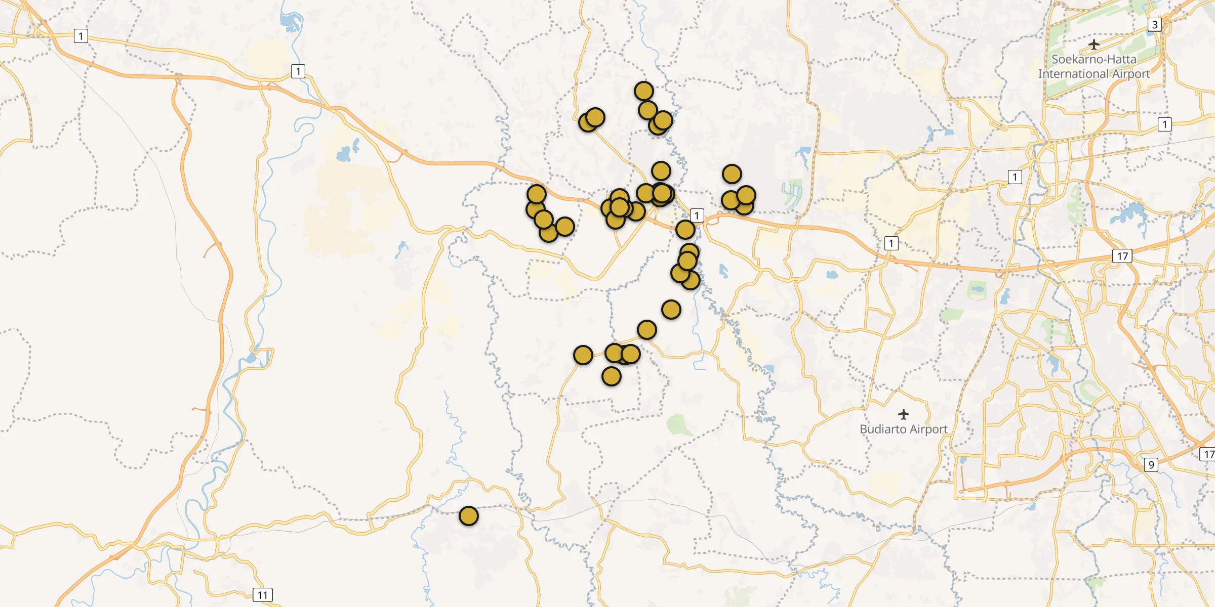 Plan des mosquées à Tangerang : cliquez sur un point pour voir la fiche