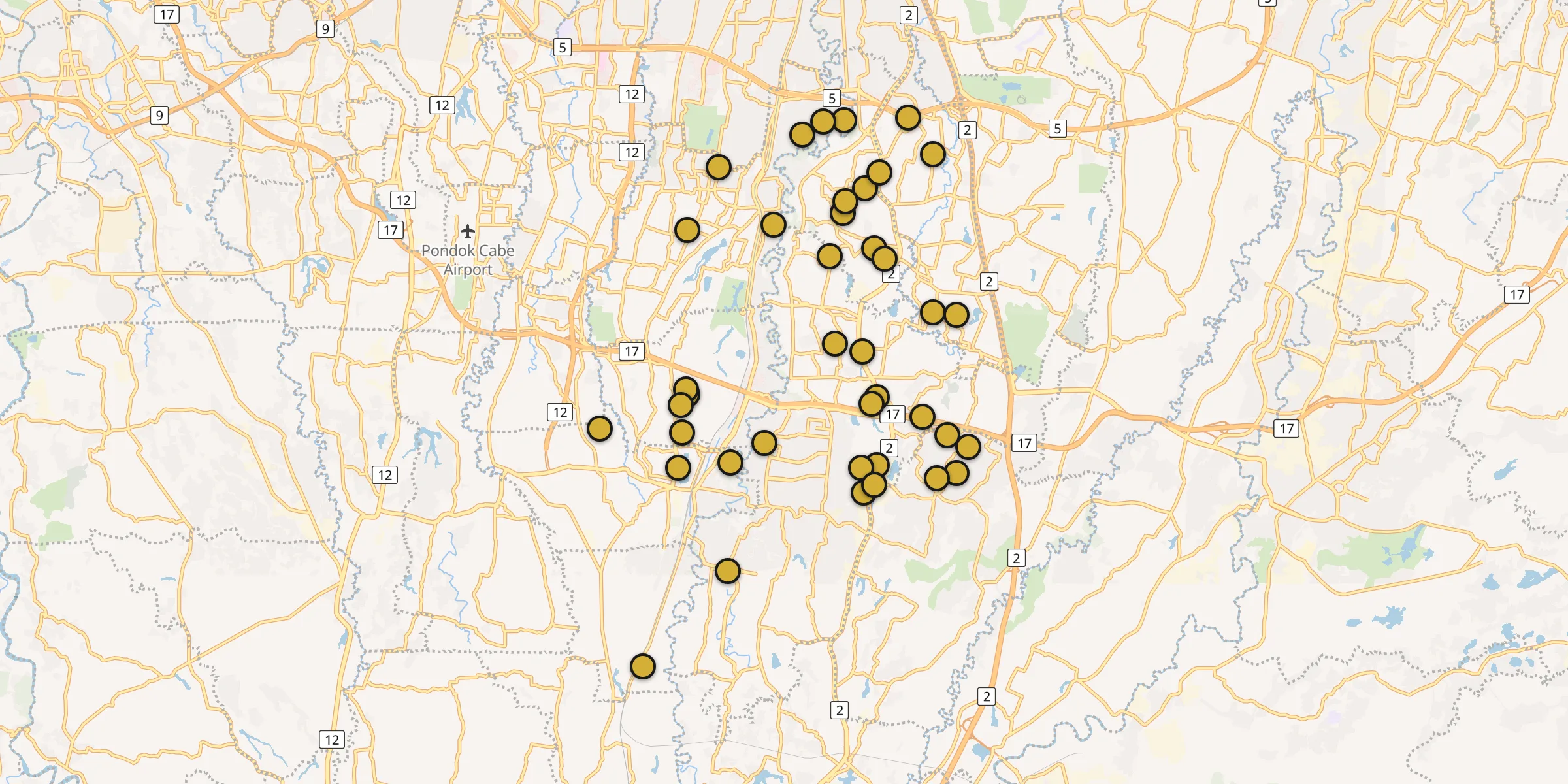 Plan des mosquées à Depok : cliquez sur un point pour voir la fiche