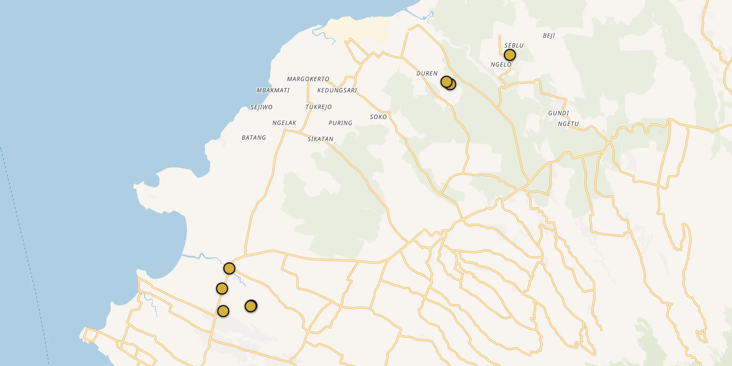Plan des mosquées à Batang : cliquez sur un point pour voir la fiche