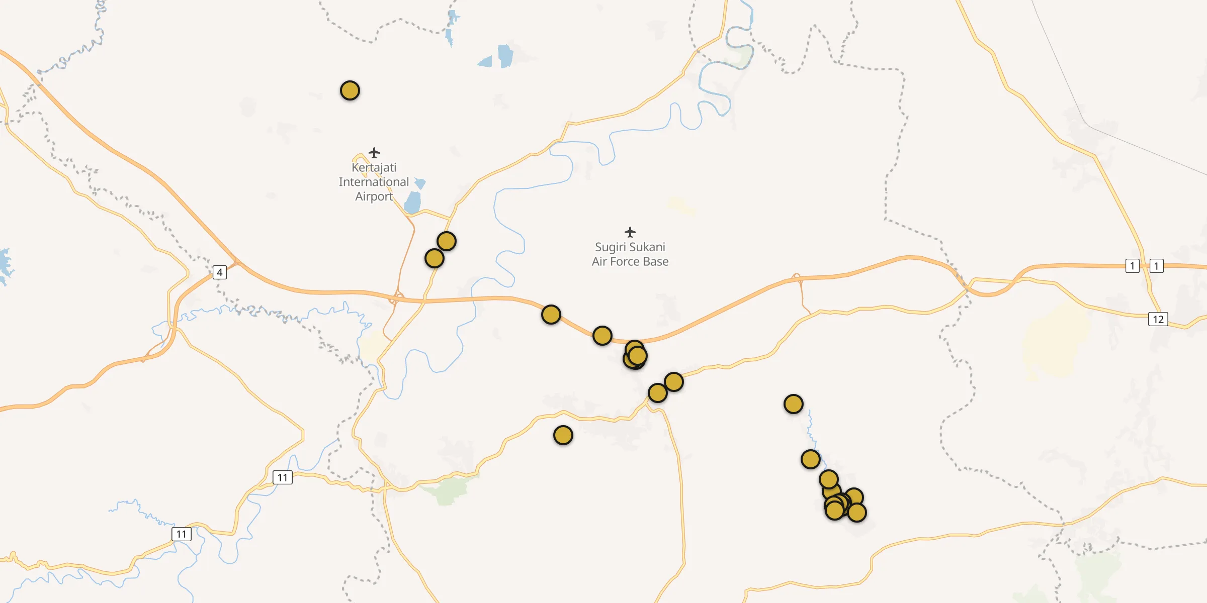 Plan des mosquées à Jatiwangi : cliquez sur un point pour voir la fiche
