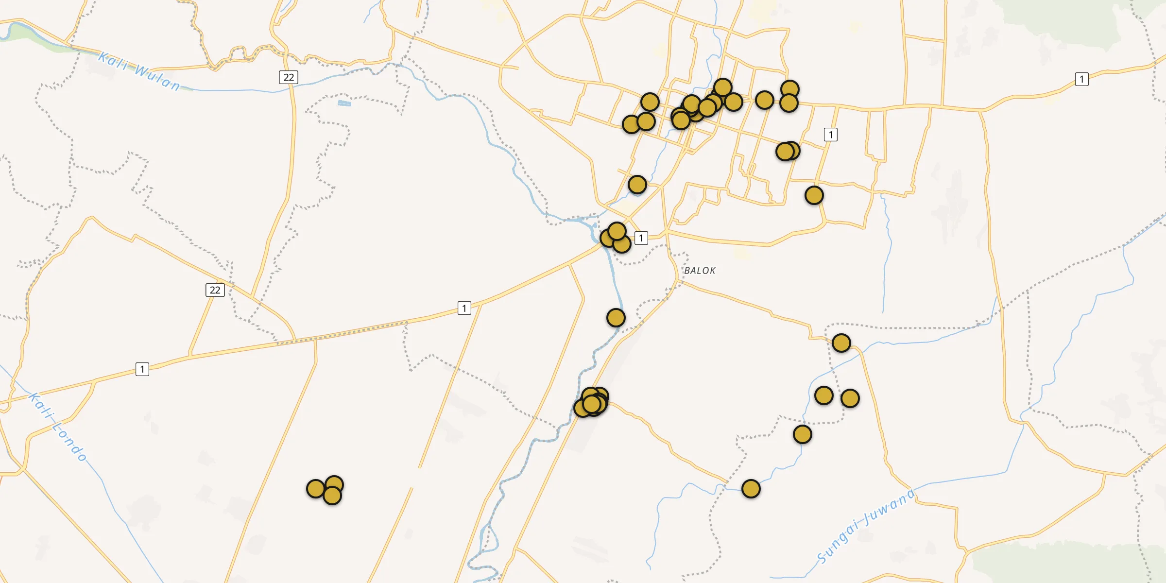 Plan des mosquées à Kudus : cliquez sur un point pour voir la fiche