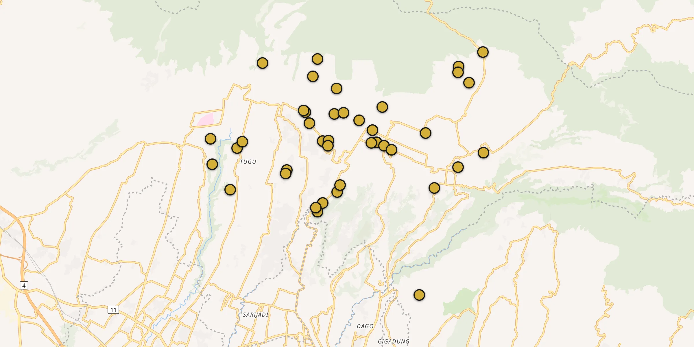 Plan des mosquées à Lembang : cliquez sur un point pour voir la fiche