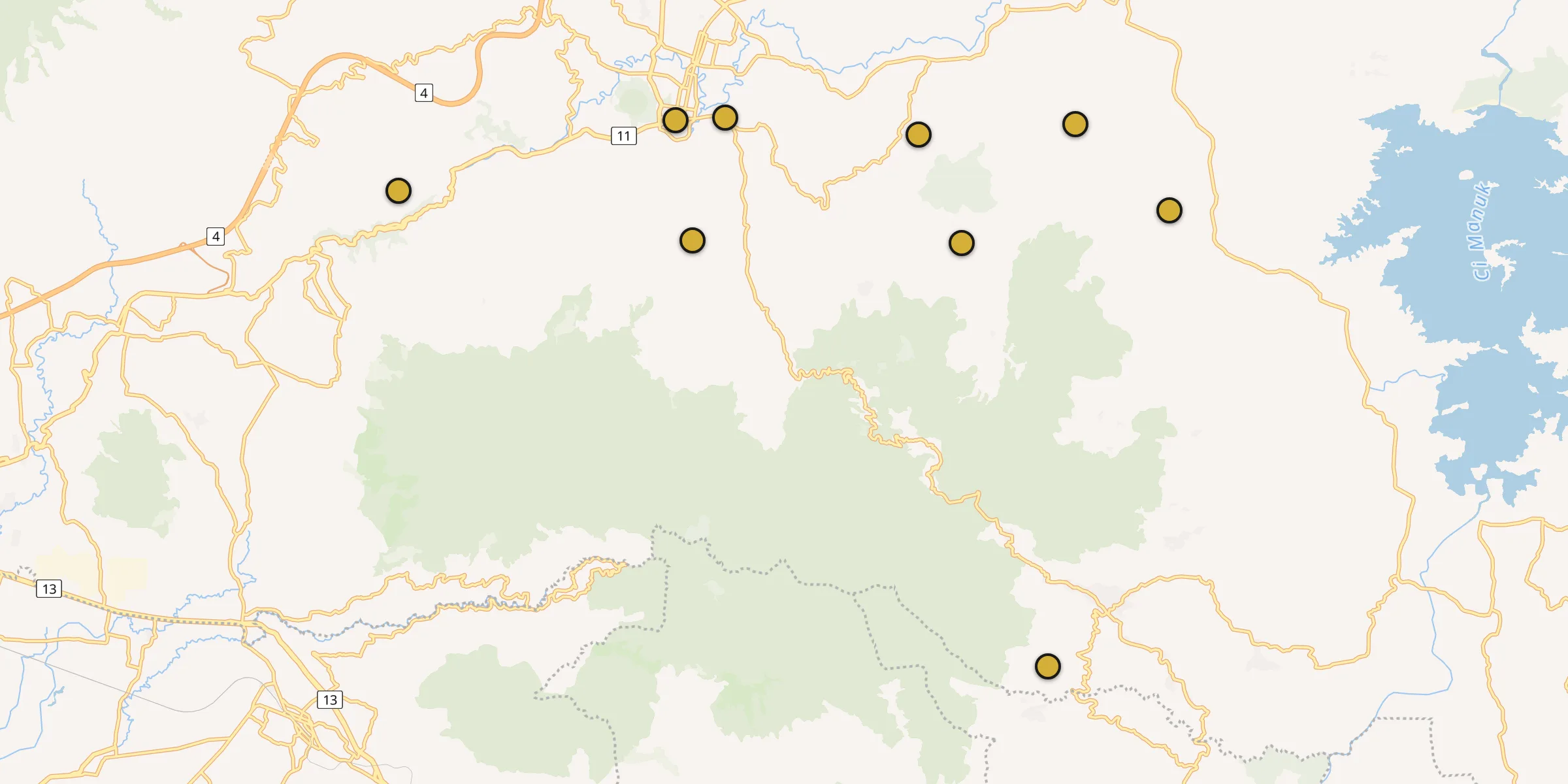 Plan des mosquées à Sumedang : cliquez sur un point pour voir la fiche