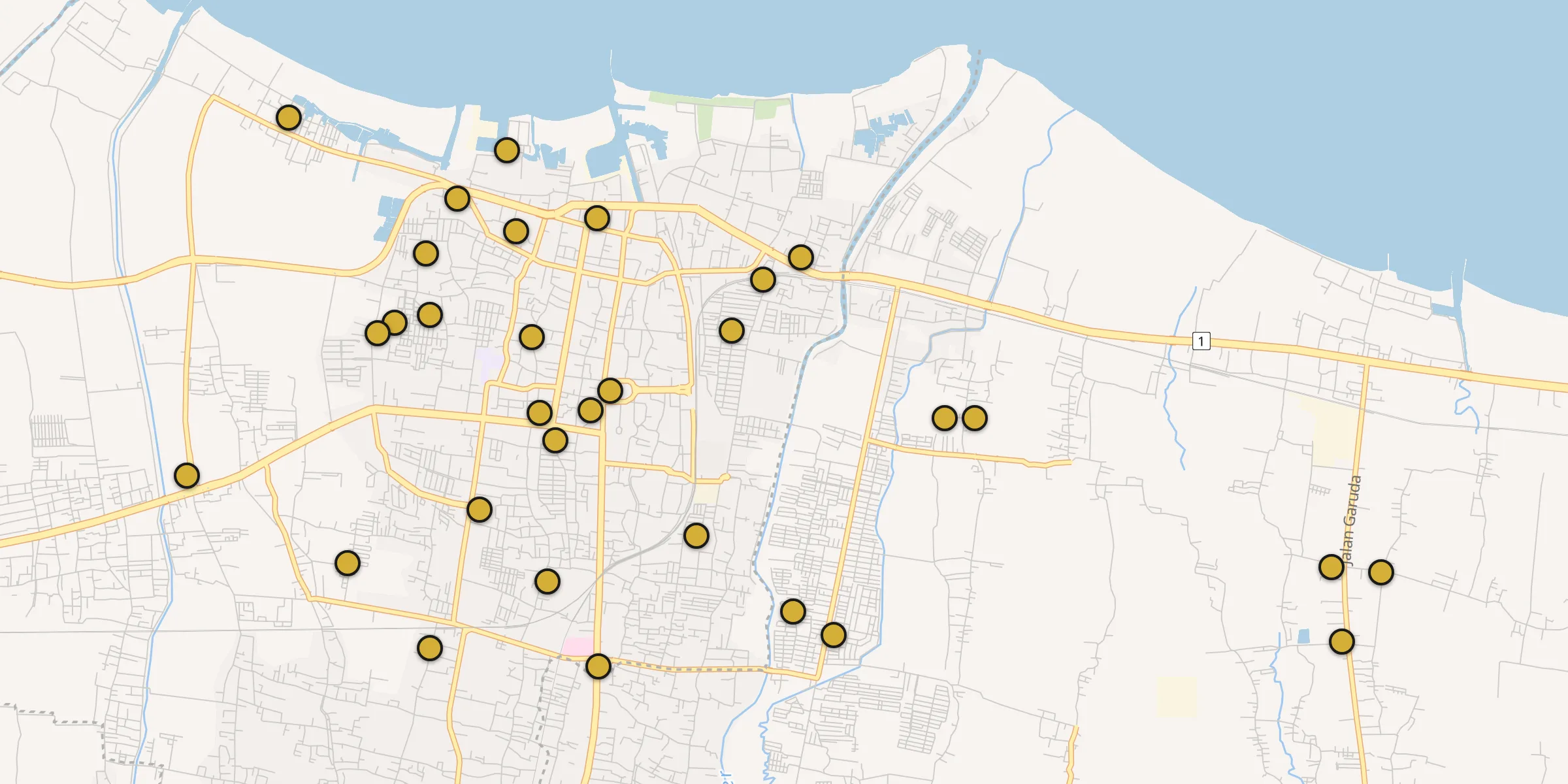 Plan des mosquées à Tegal : cliquez sur un point pour voir la fiche