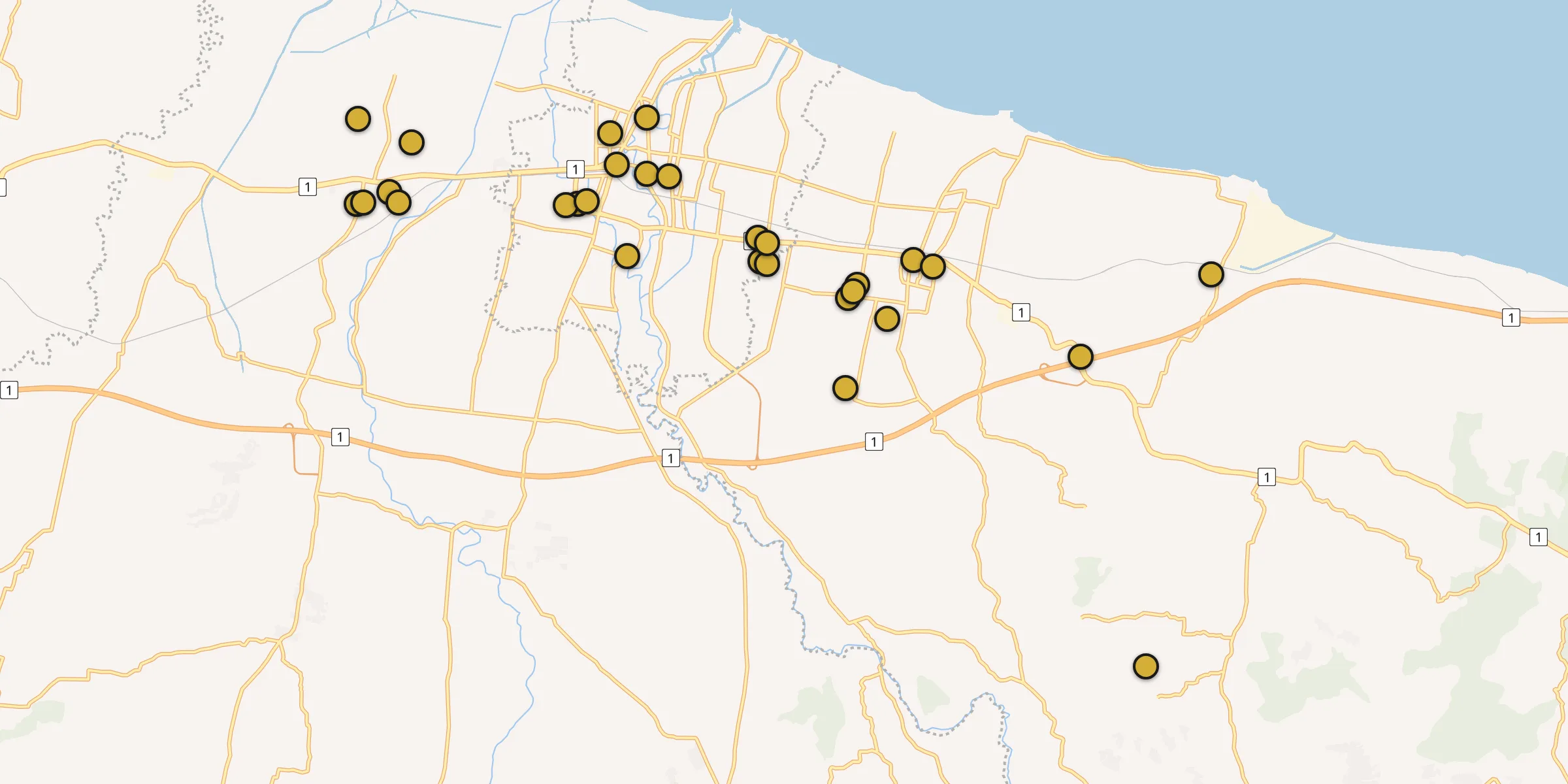 Plan des mosquées à Pekalongan : cliquez sur un point pour voir la fiche