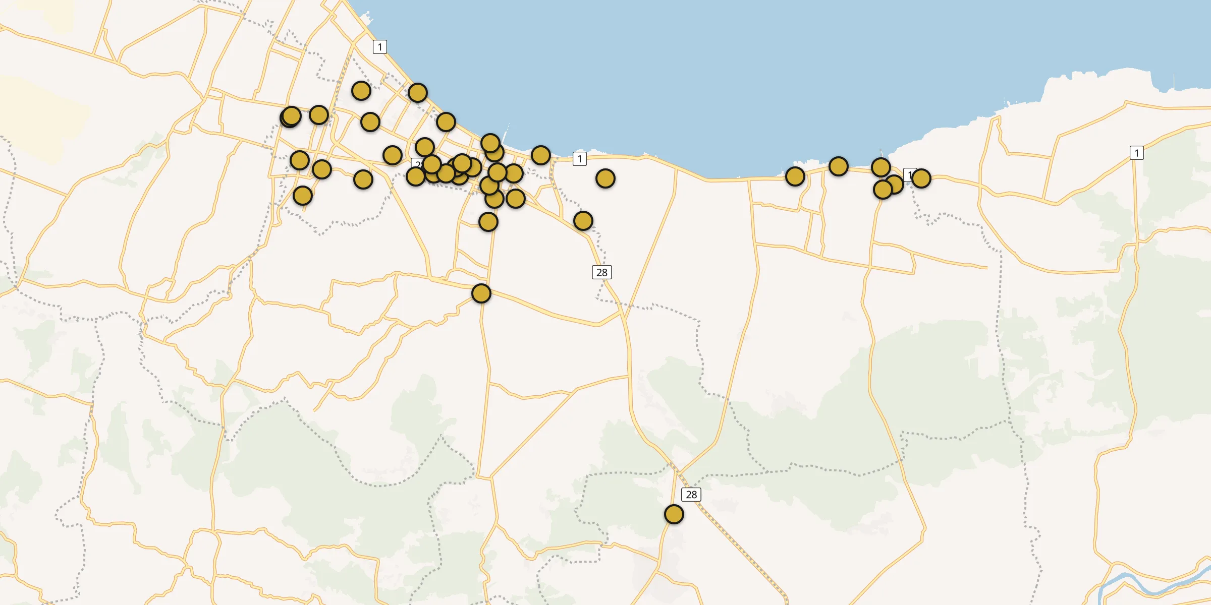 Plan des mosquées à Tuban : cliquez sur un point pour voir la fiche