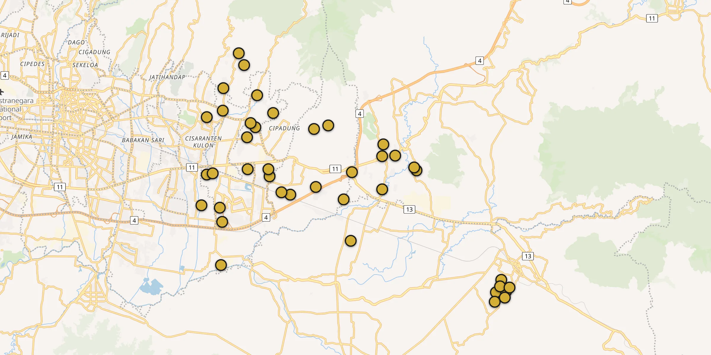 Plan des mosquées à Cileunyi : cliquez sur un point pour voir la fiche
