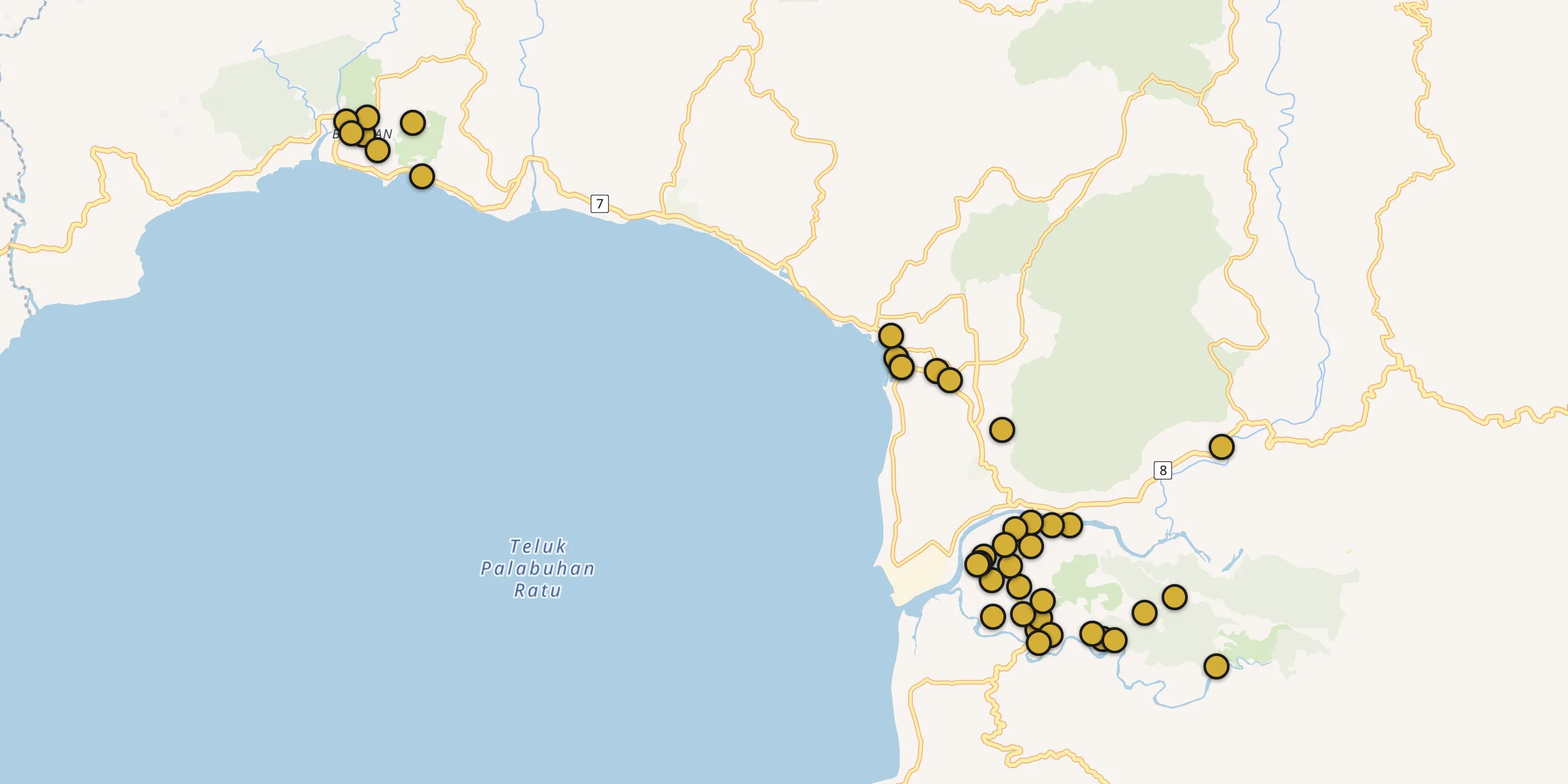 Plan des mosquées à Pelabuhanratu : cliquez sur un point pour voir la fiche