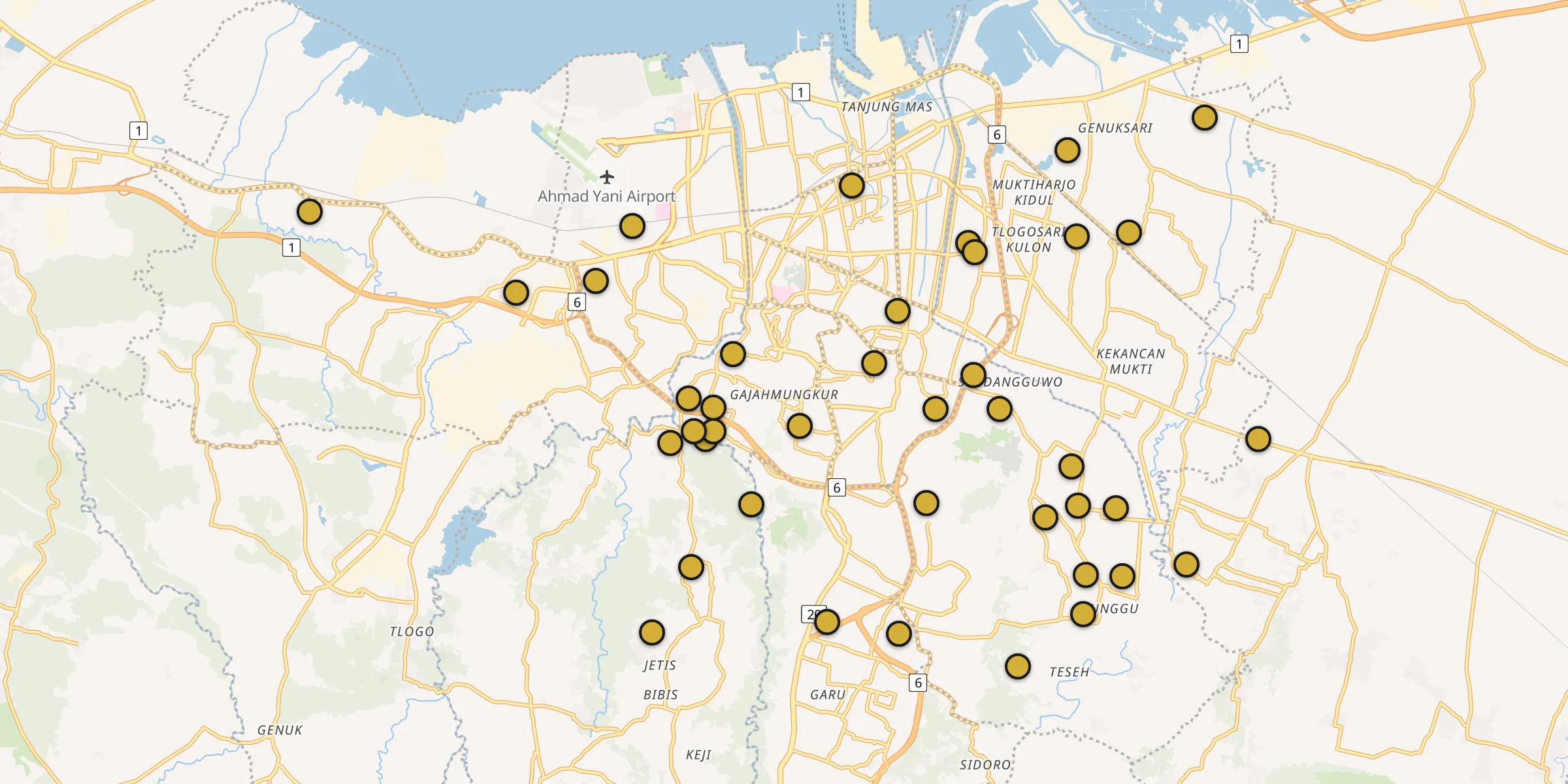 Plan des mosquées à Semarang : cliquez sur un point pour voir la fiche
