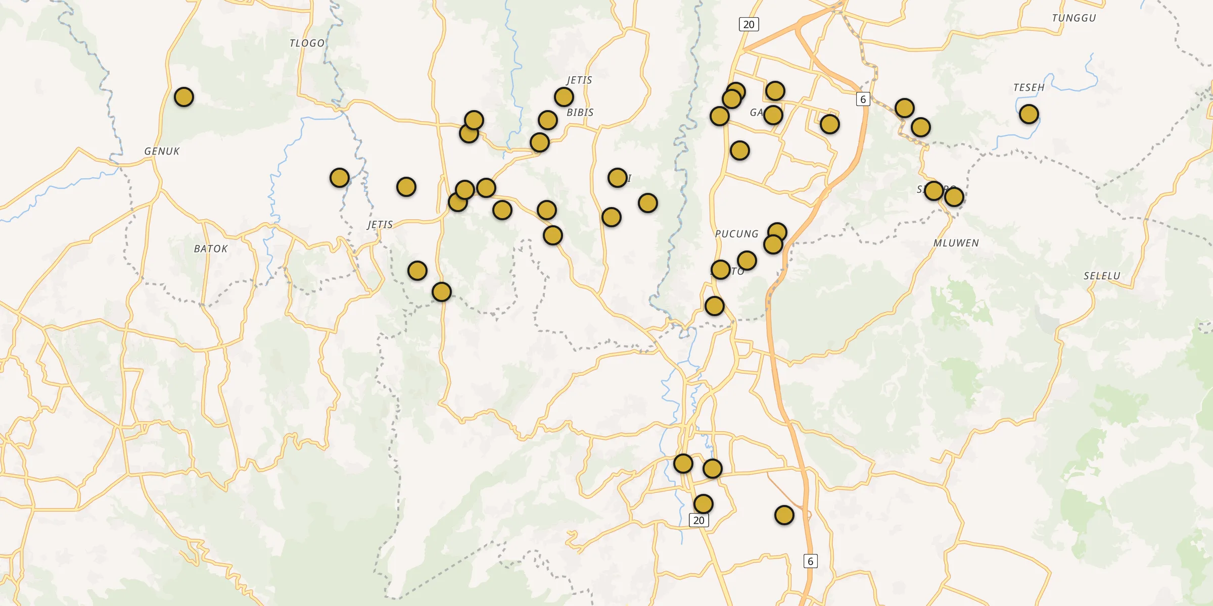 Plan des mosquées à Ungaran : cliquez sur un point pour voir la fiche