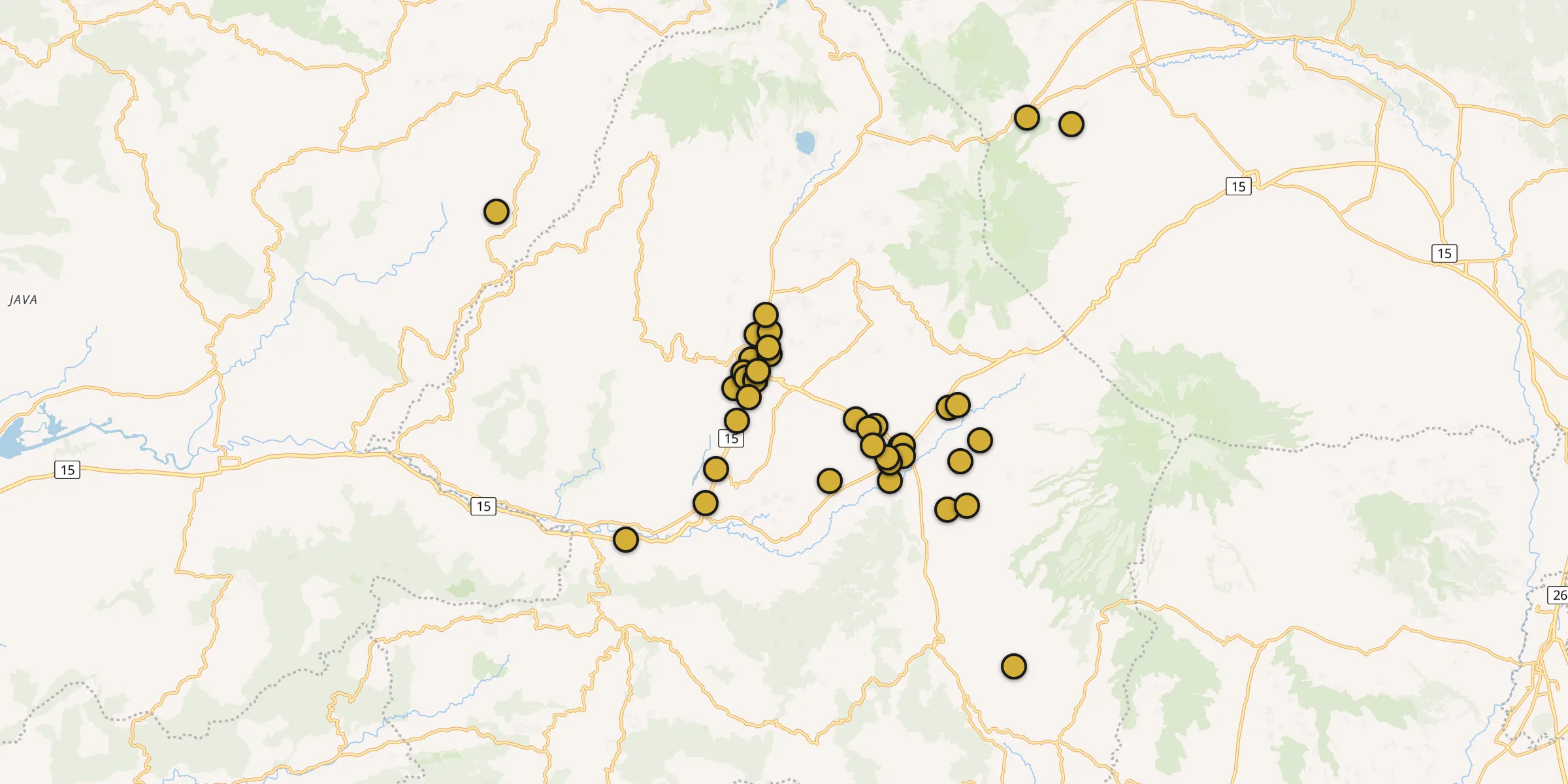 Plan des mosquées à Wonosobo : cliquez sur un point pour voir la fiche