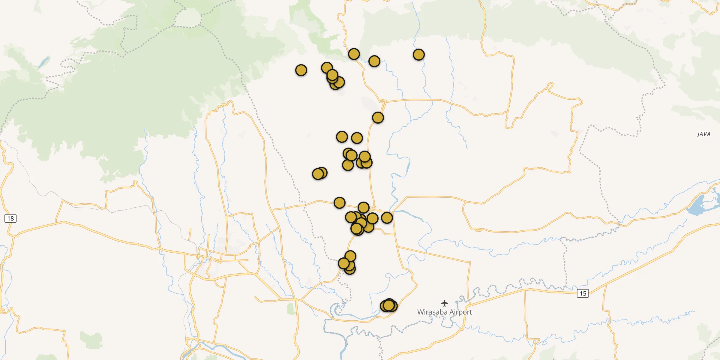 Plan des mosquées à Purbalingga : cliquez sur un point pour voir la fiche