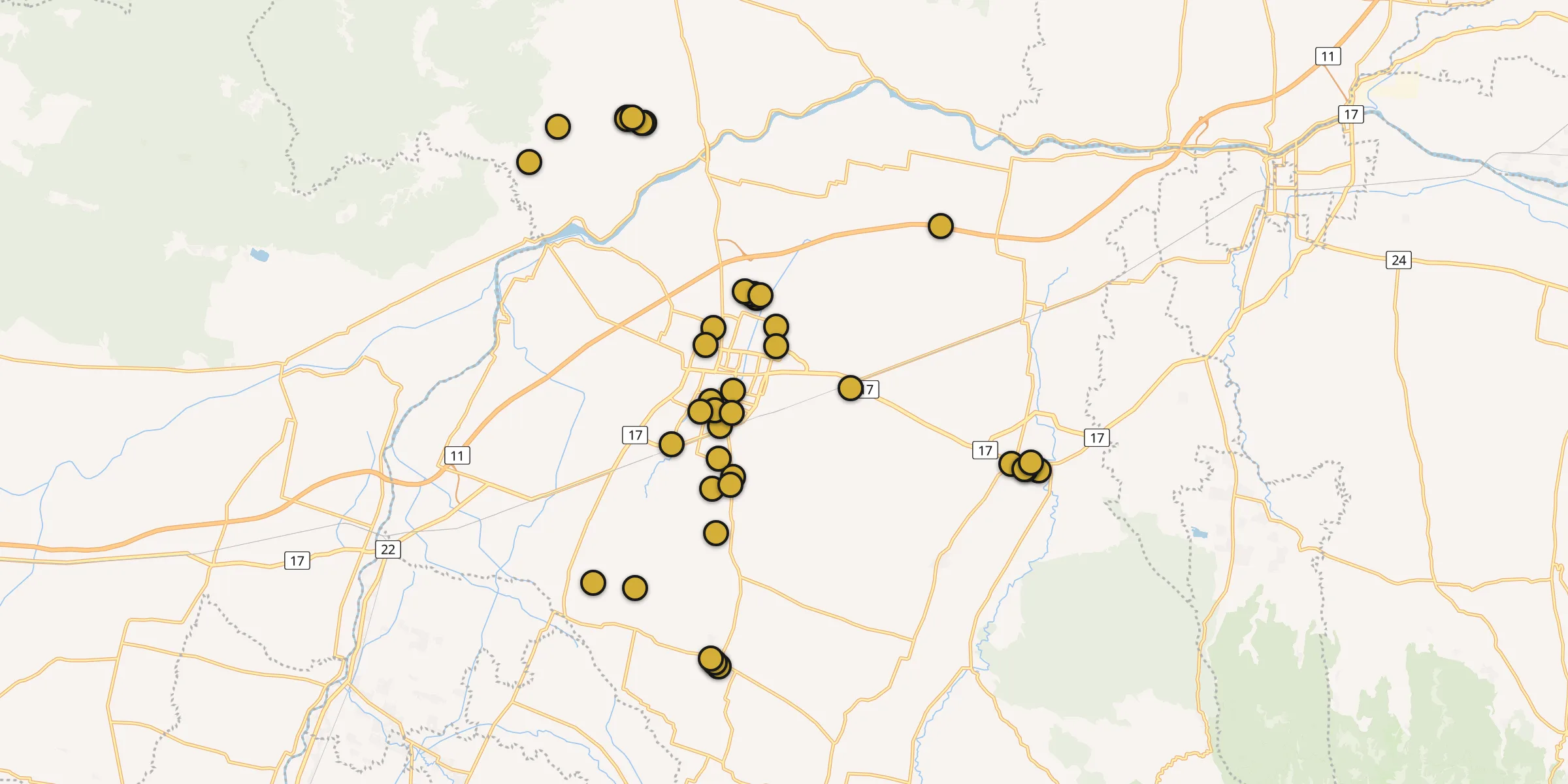 Plan des mosquées à Jombang : cliquez sur un point pour voir la fiche