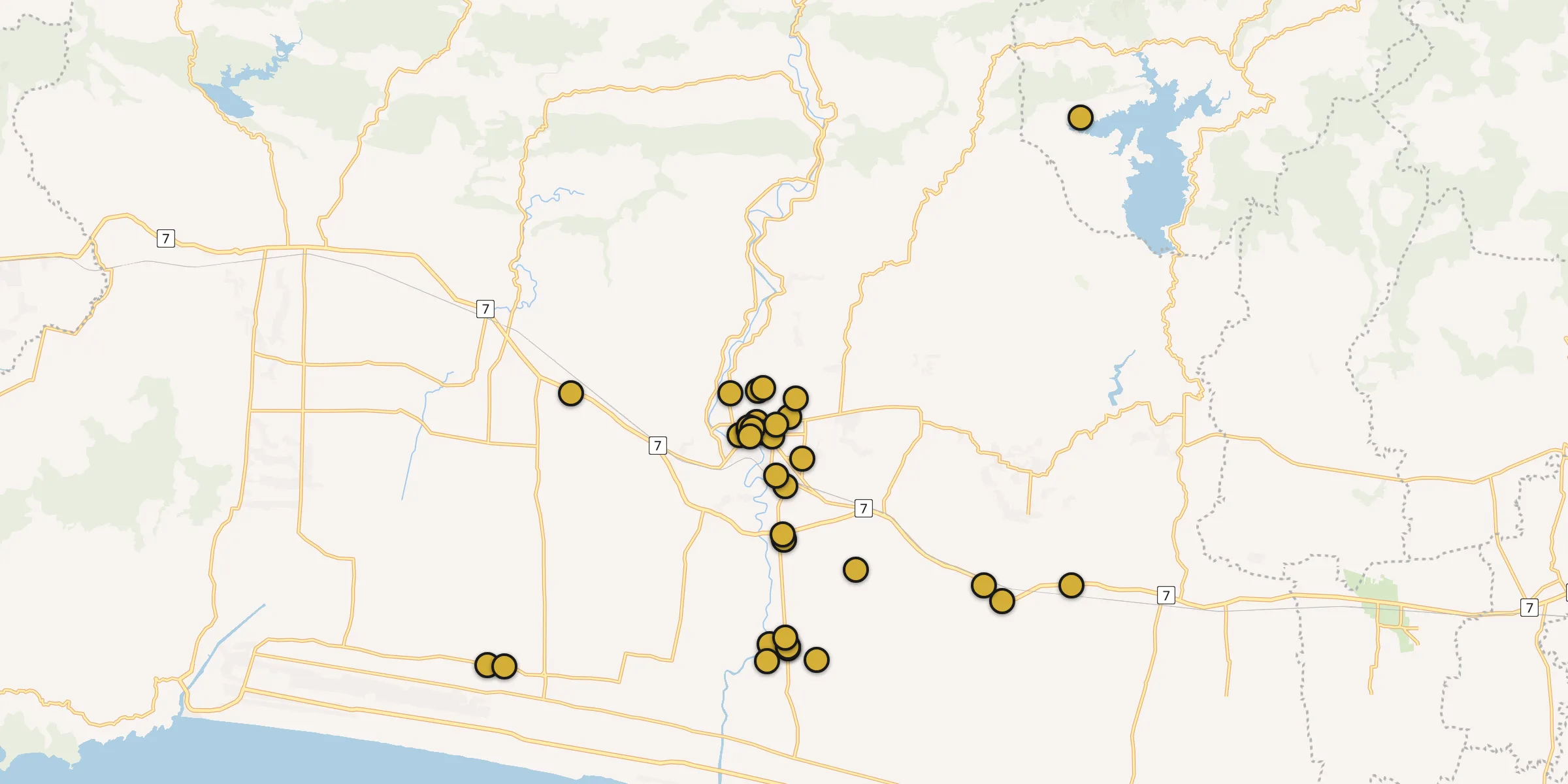 Plan des mosquées à Kebumen : cliquez sur un point pour voir la fiche