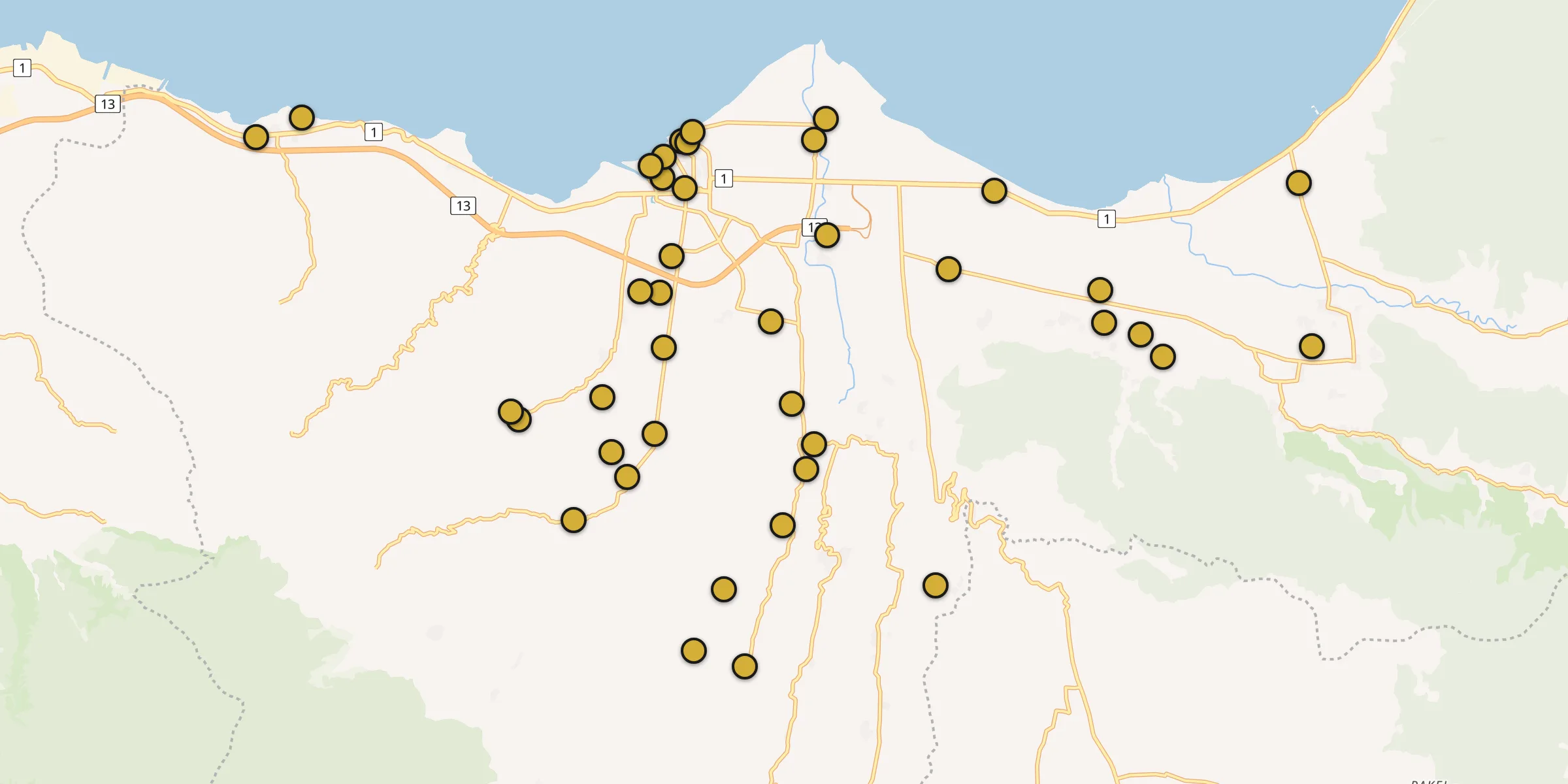 Plan des mosquées à Besuki : cliquez sur un point pour voir la fiche