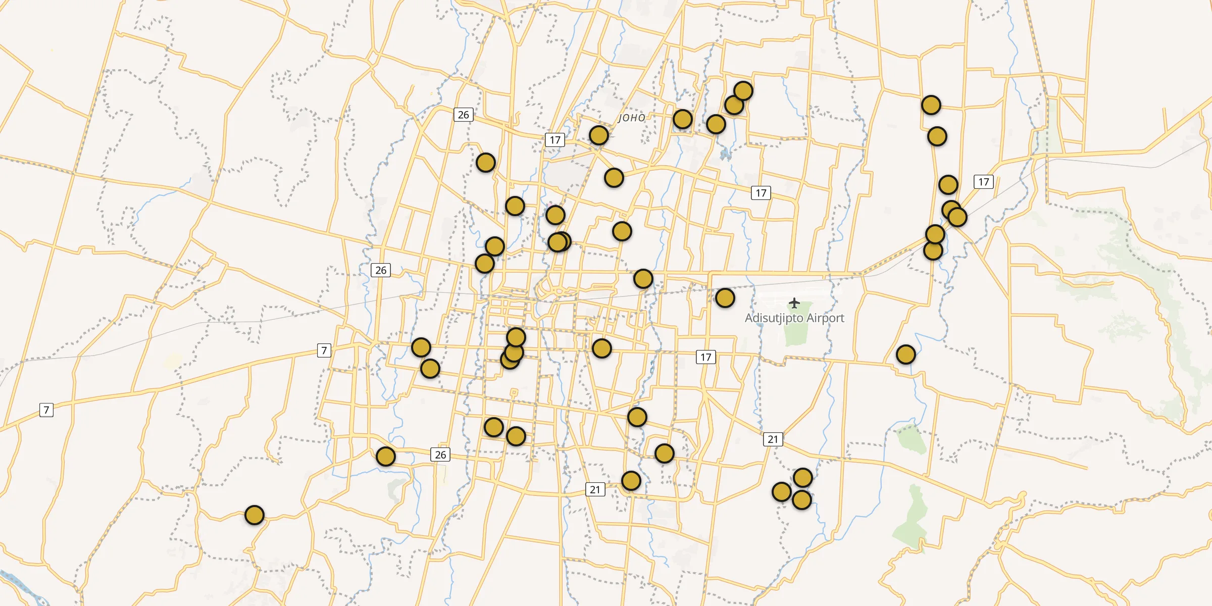 Plan des mosquées à Yogyakarta : cliquez sur un point pour voir la fiche