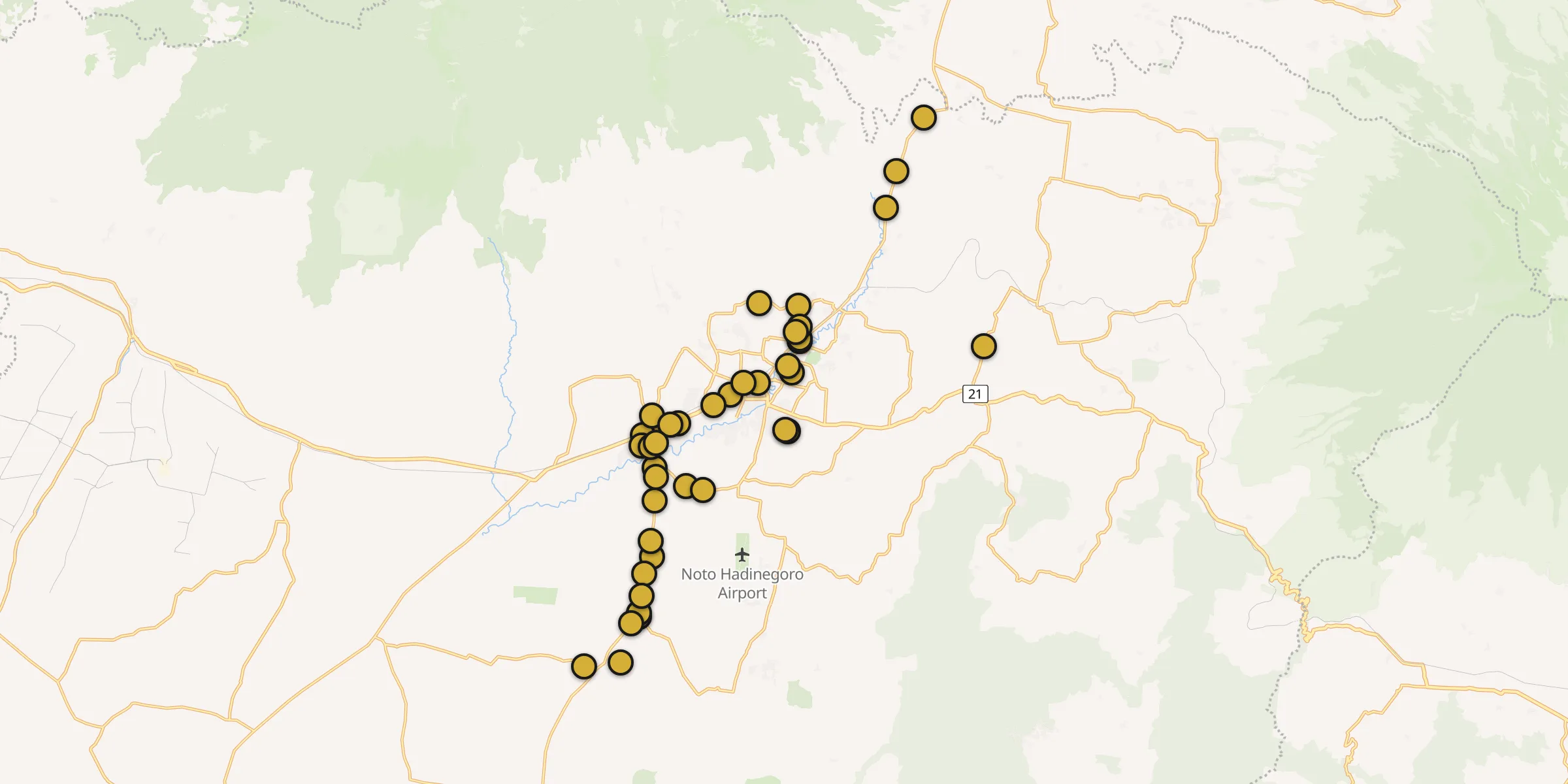Plan des mosquées à Jember : cliquez sur un point pour voir la fiche