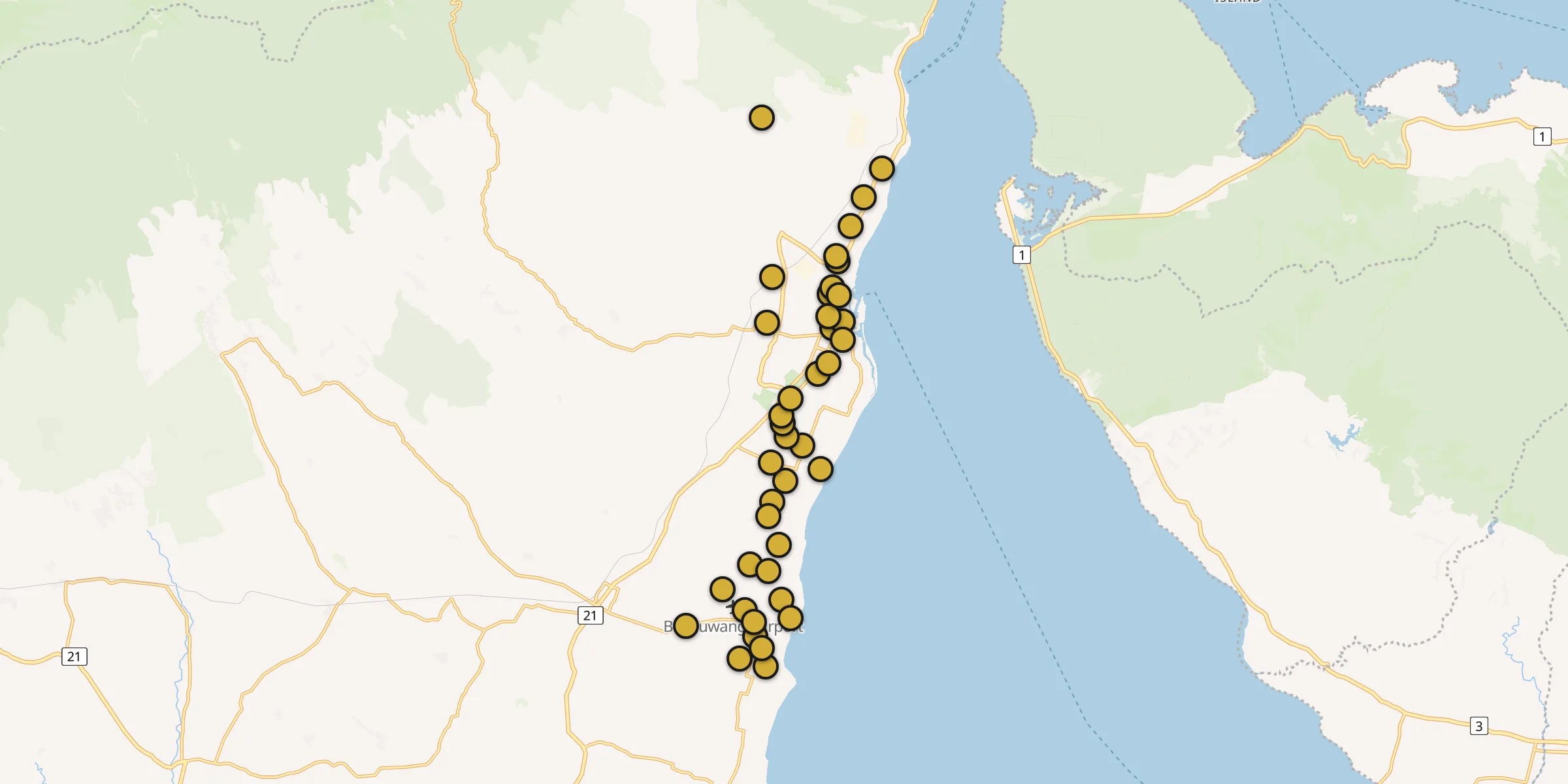 Plan des mosquées à Banyuwangi : cliquez sur un point pour voir la fiche