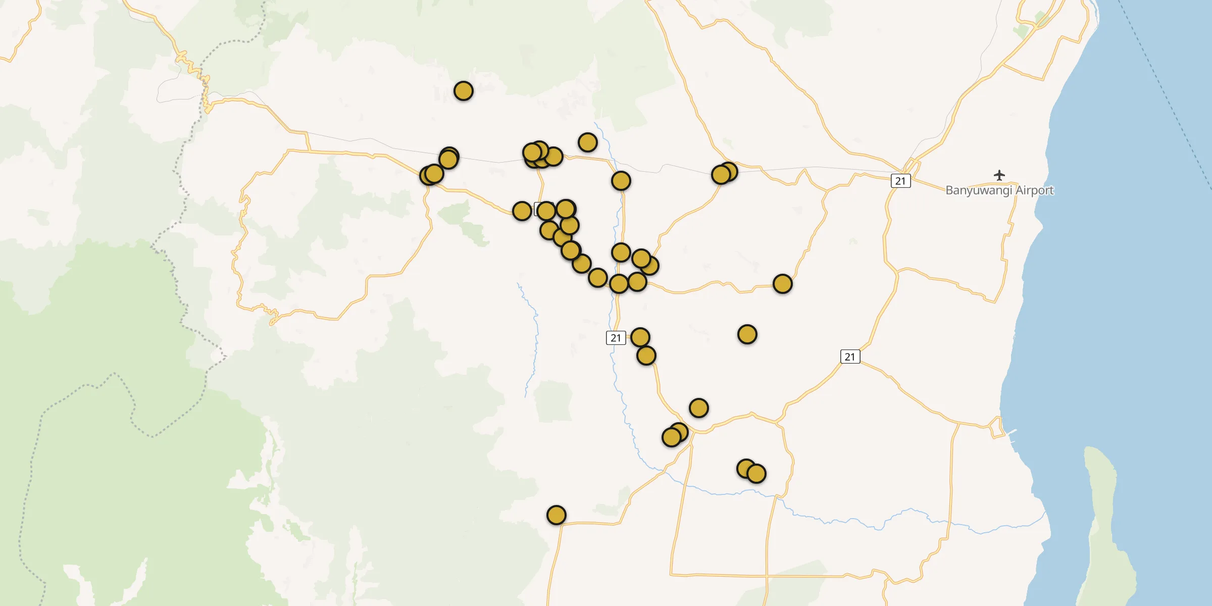 Plan des mosquées à Genteng : cliquez sur un point pour voir la fiche