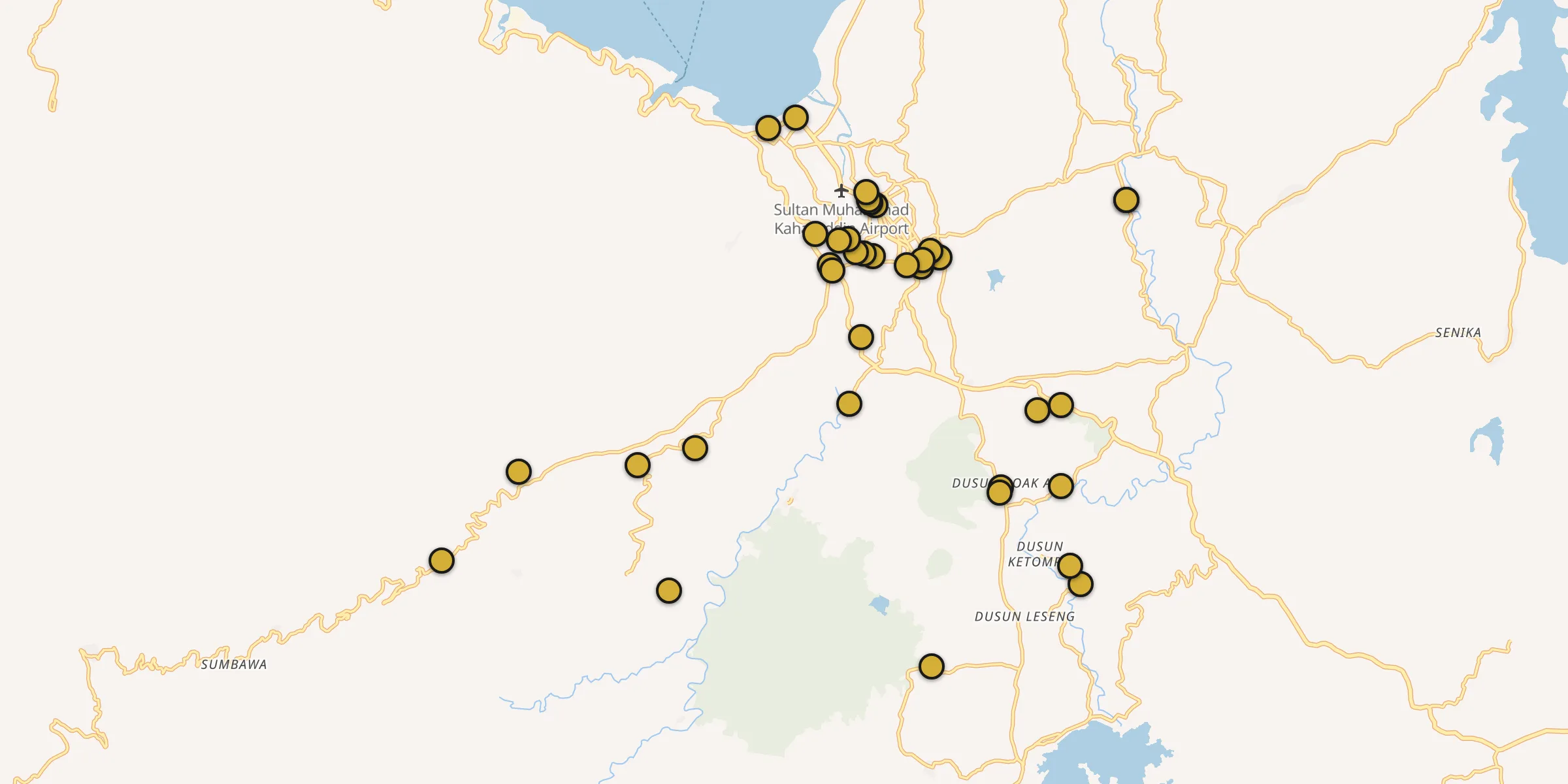 Plan des mosquées à Sumbawa Besar : cliquez sur un point pour voir la fiche