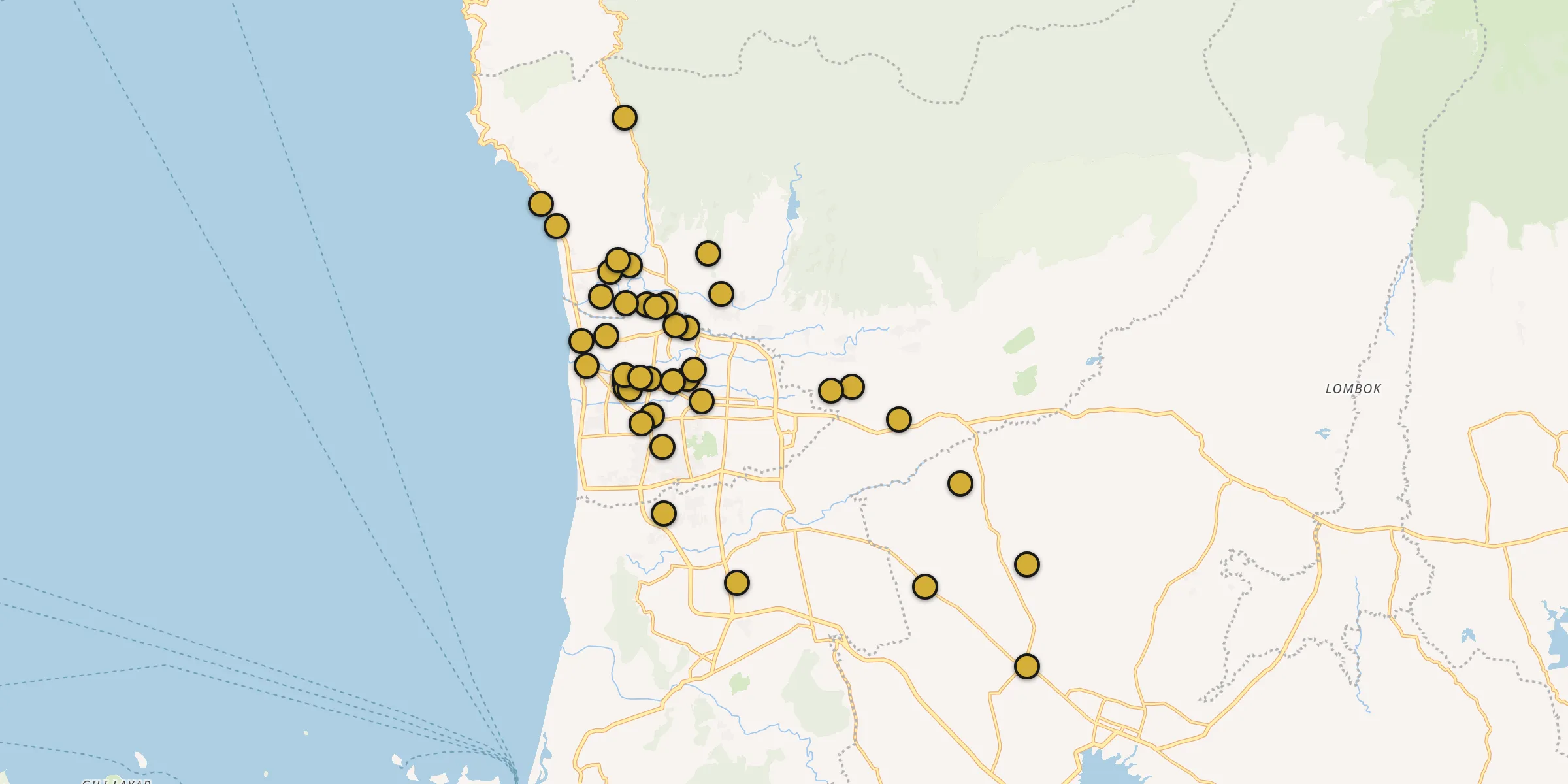 Plan des mosquées à Mataram : cliquez sur un point pour voir la fiche