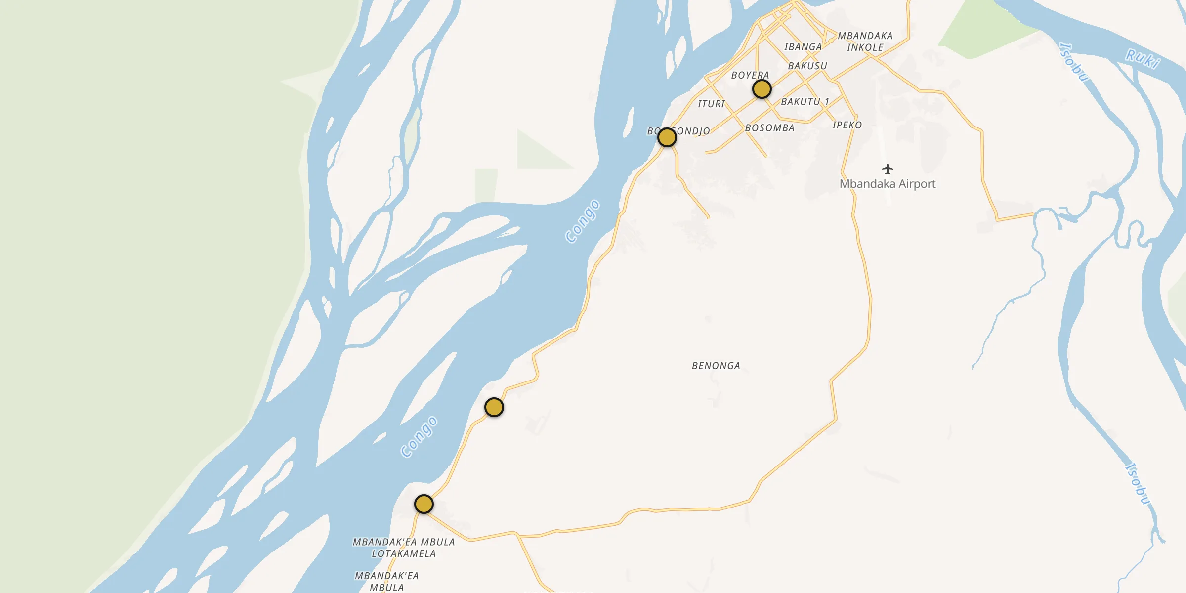 Plan des mosquées à Mbandaka : cliquez sur un point pour voir la fiche