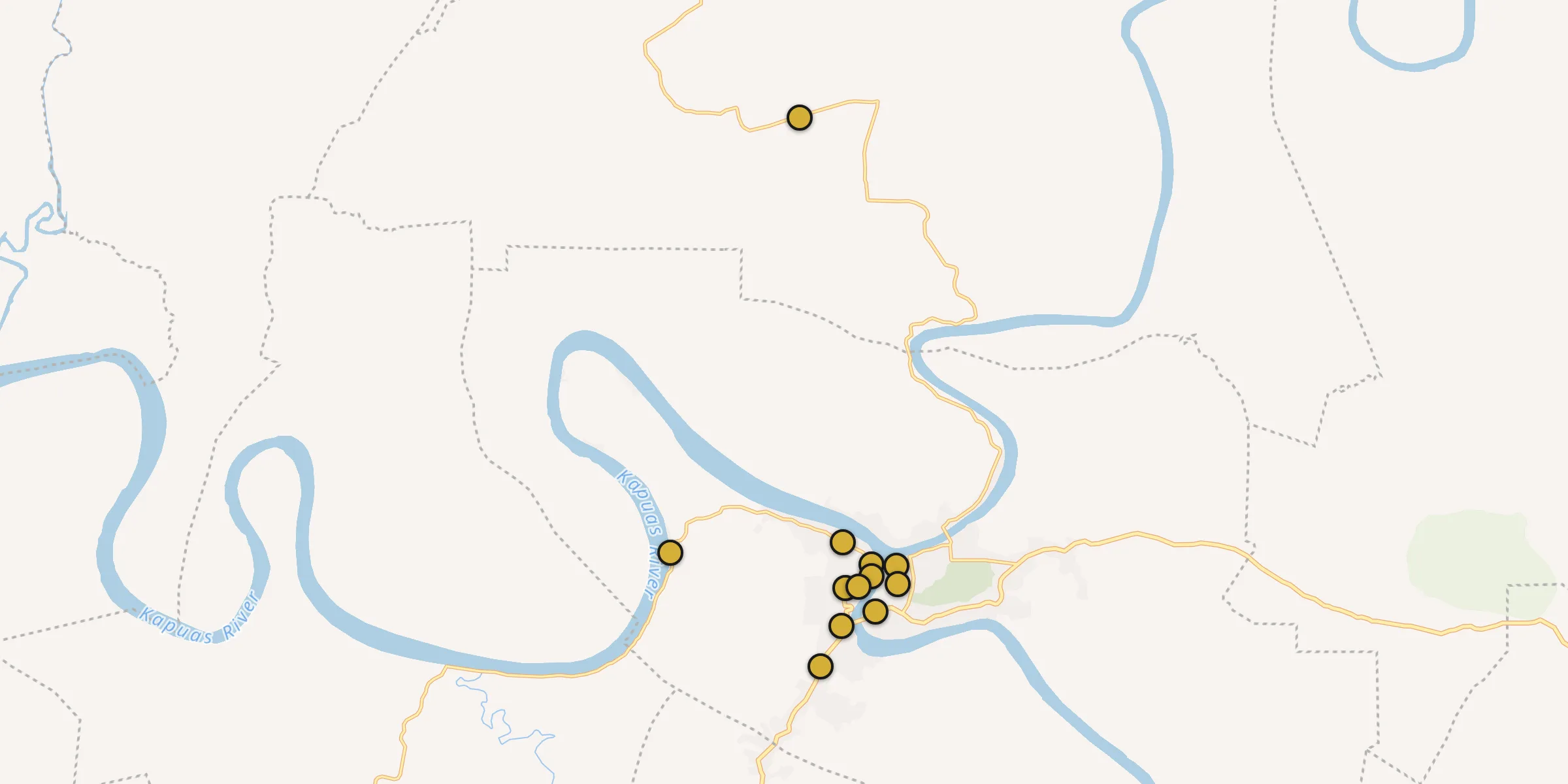 Plan des mosquées à Sintang : cliquez sur un point pour voir la fiche