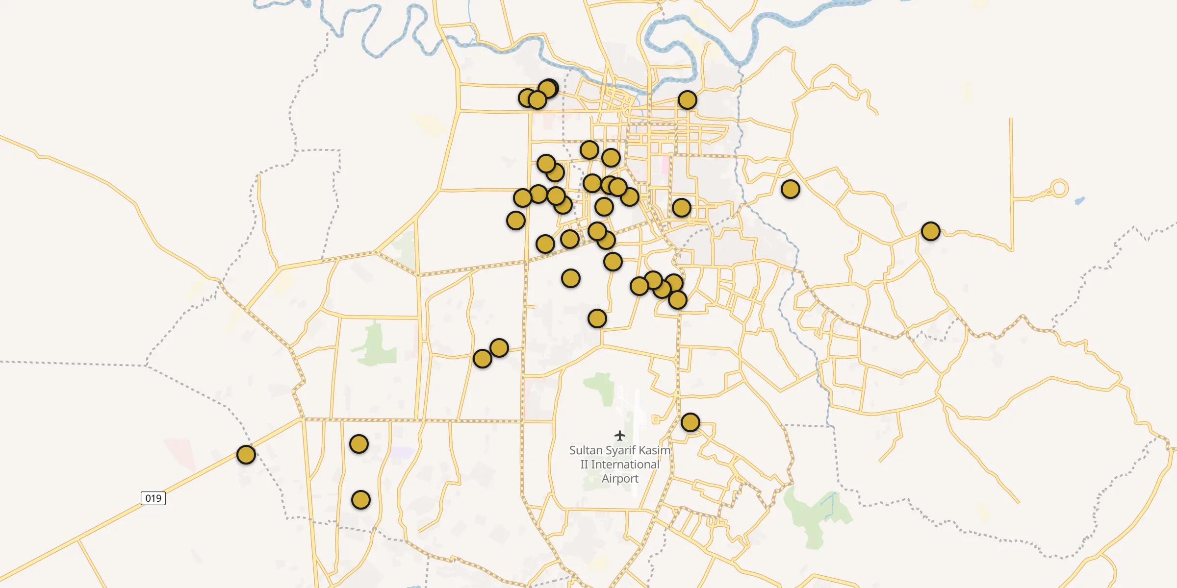 Plan des mosquées à Pekanbaru : cliquez sur un point pour voir la fiche