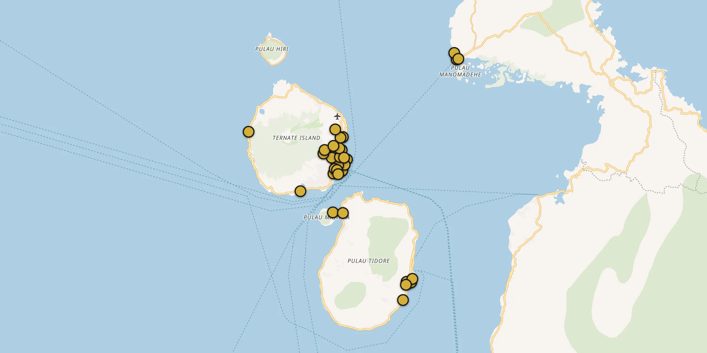 Plan des mosquées à Ternate : cliquez sur un point pour voir la fiche