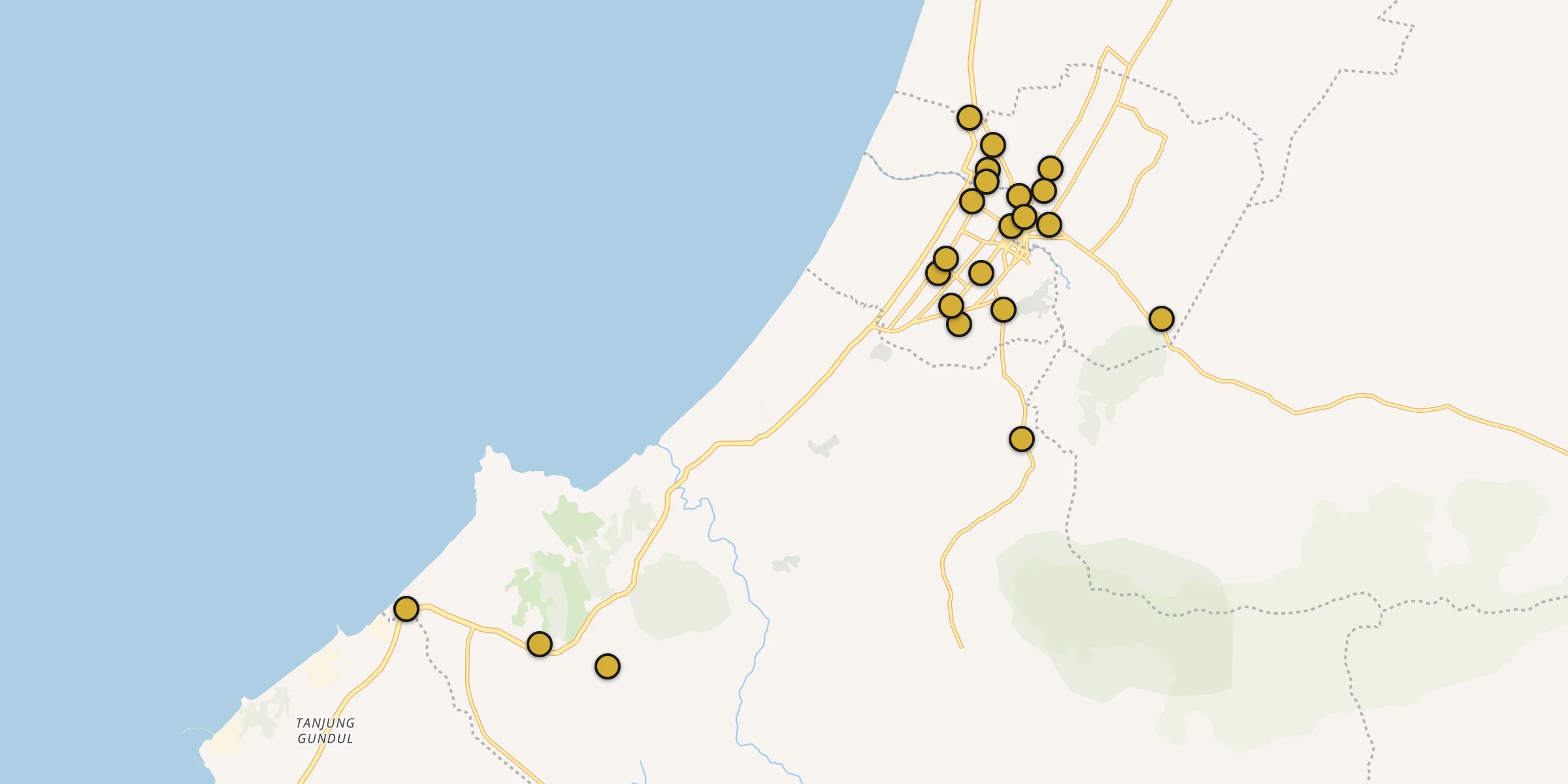 Plan des mosquées à Singkawang : cliquez sur un point pour voir la fiche