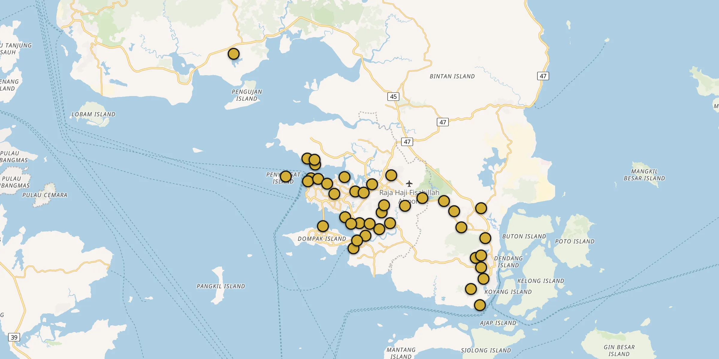 Plan des mosquées à Tanjung Pinang : cliquez sur un point pour voir la fiche
