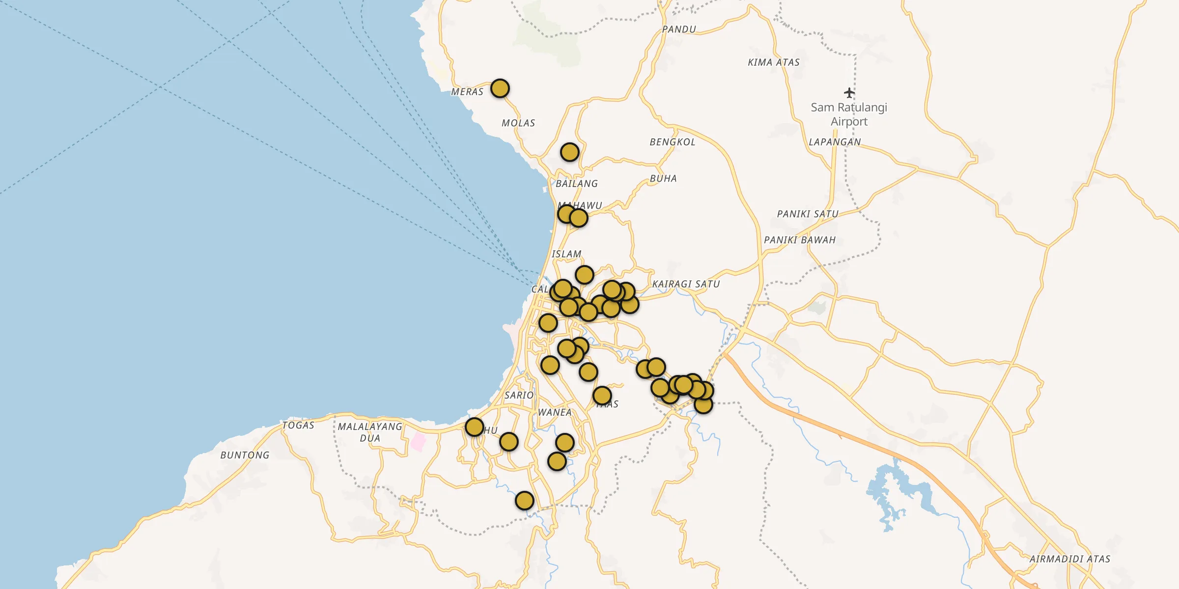 Plan des mosquées à Manado : cliquez sur un point pour voir la fiche