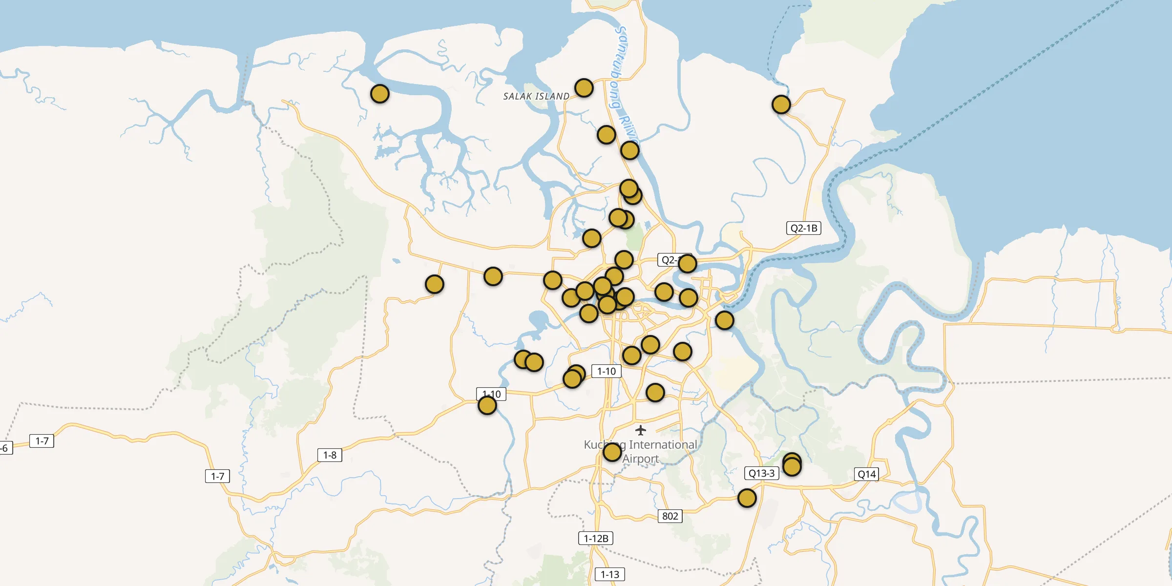 Plan des mosquées à Kuching : cliquez sur un point pour voir la fiche