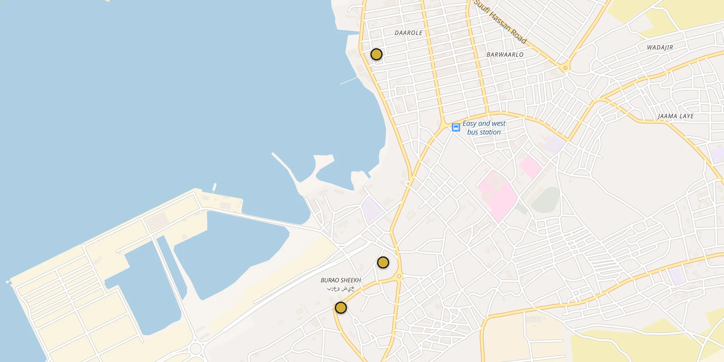 Plan des mosquées à Berbera : cliquez sur un point pour voir la fiche