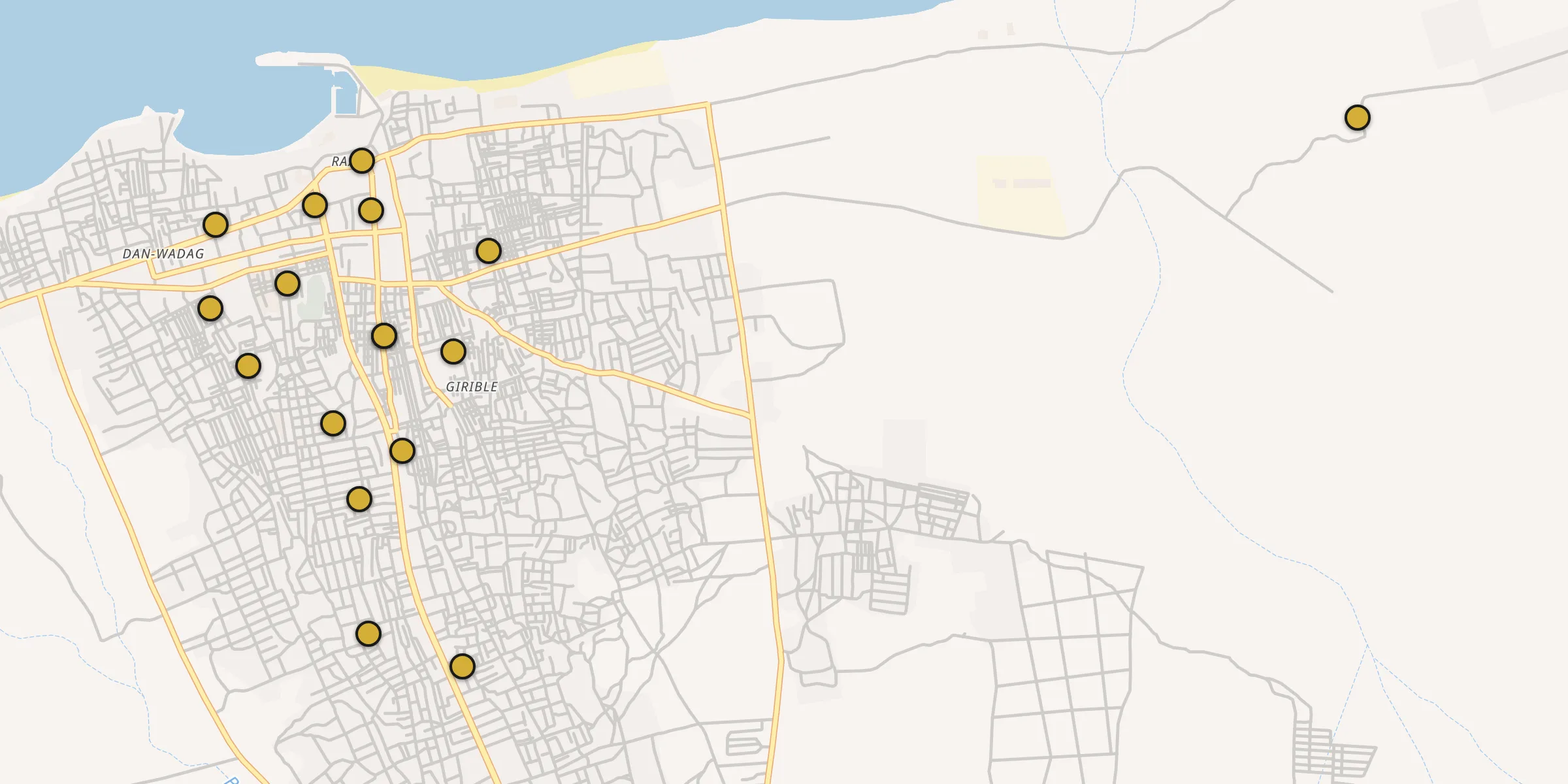 Plan des mosquées à Bosaso : cliquez sur un point pour voir la fiche