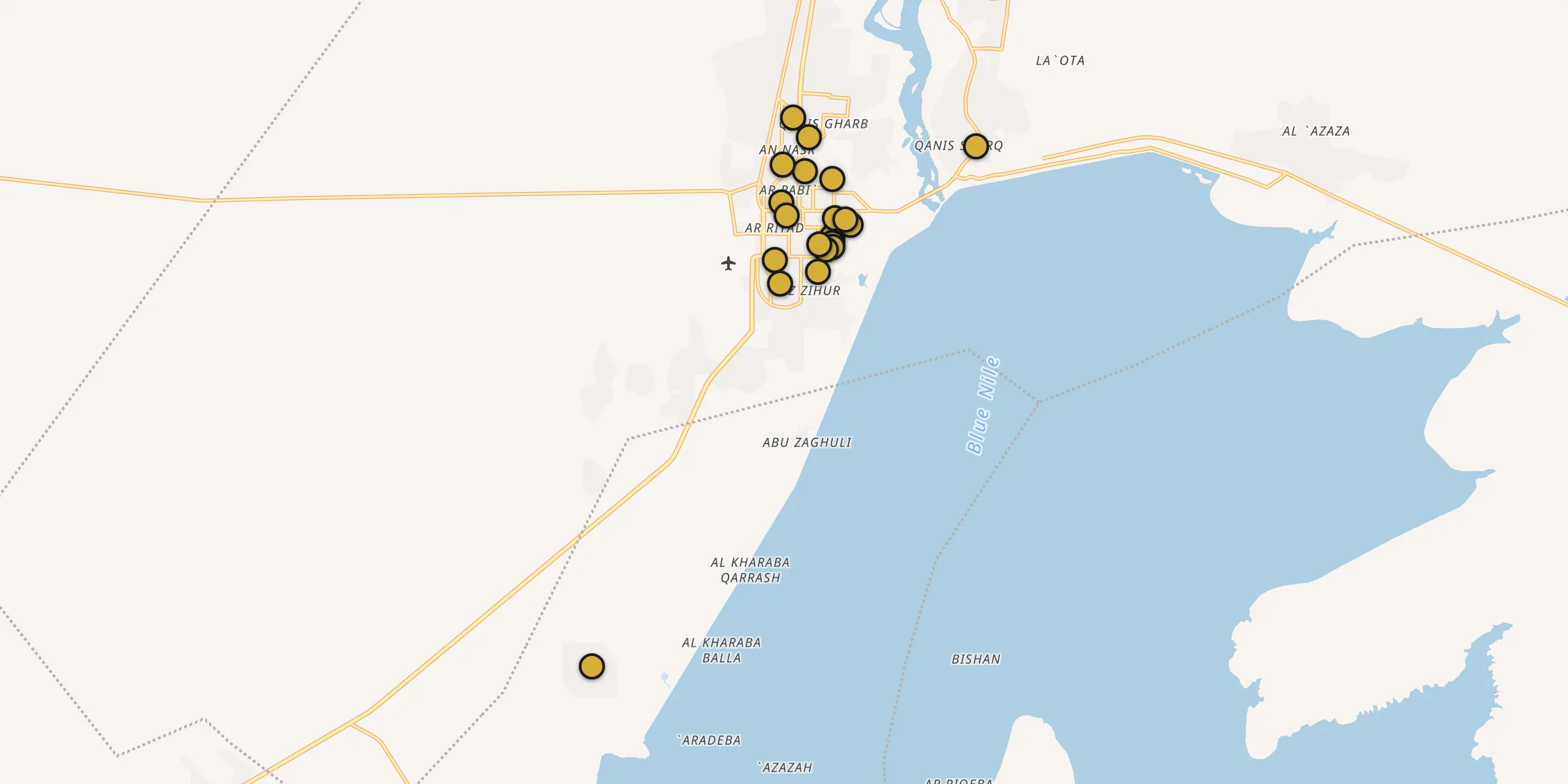 Plan des mosquées à Ad-Damazin : cliquez sur un point pour voir la fiche