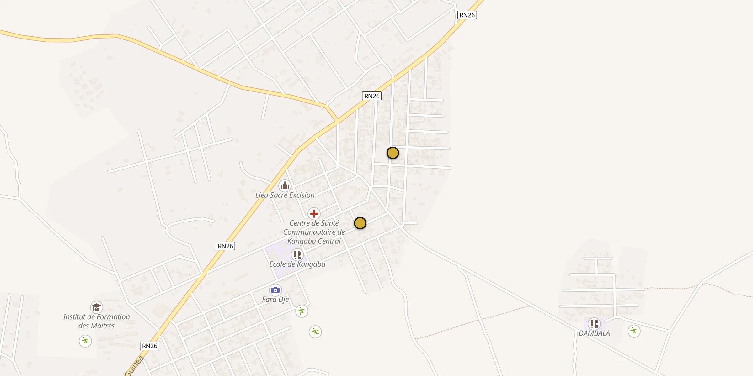Plan des mosquées à Kangaba : cliquez sur un point pour voir la fiche