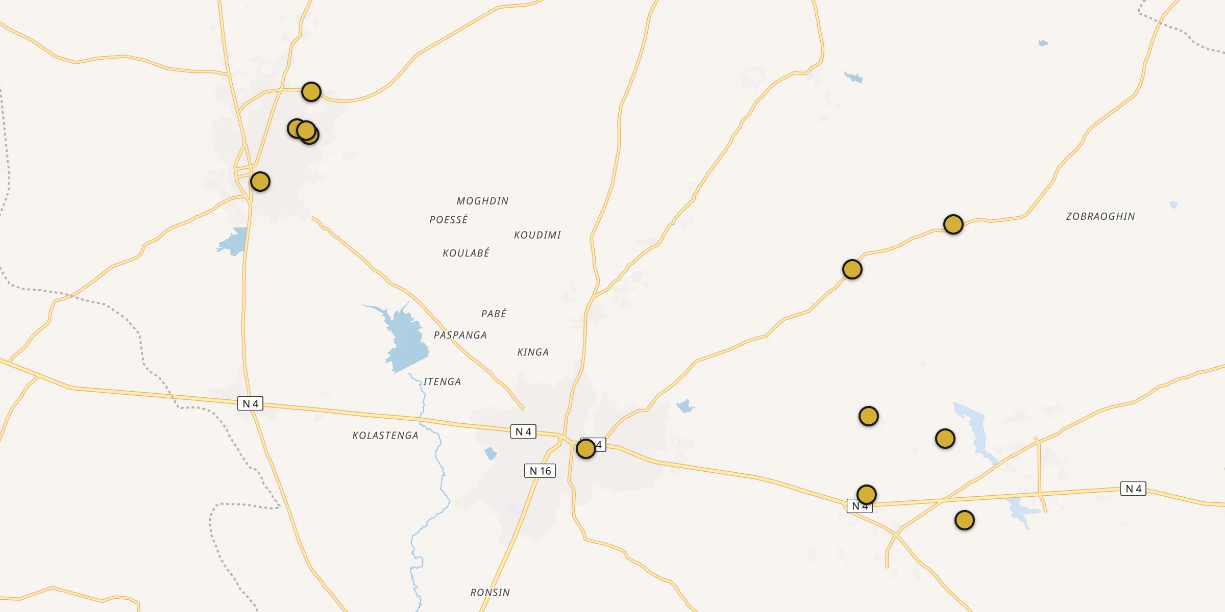 Plan des mosquées à Koupéla : cliquez sur un point pour voir la fiche