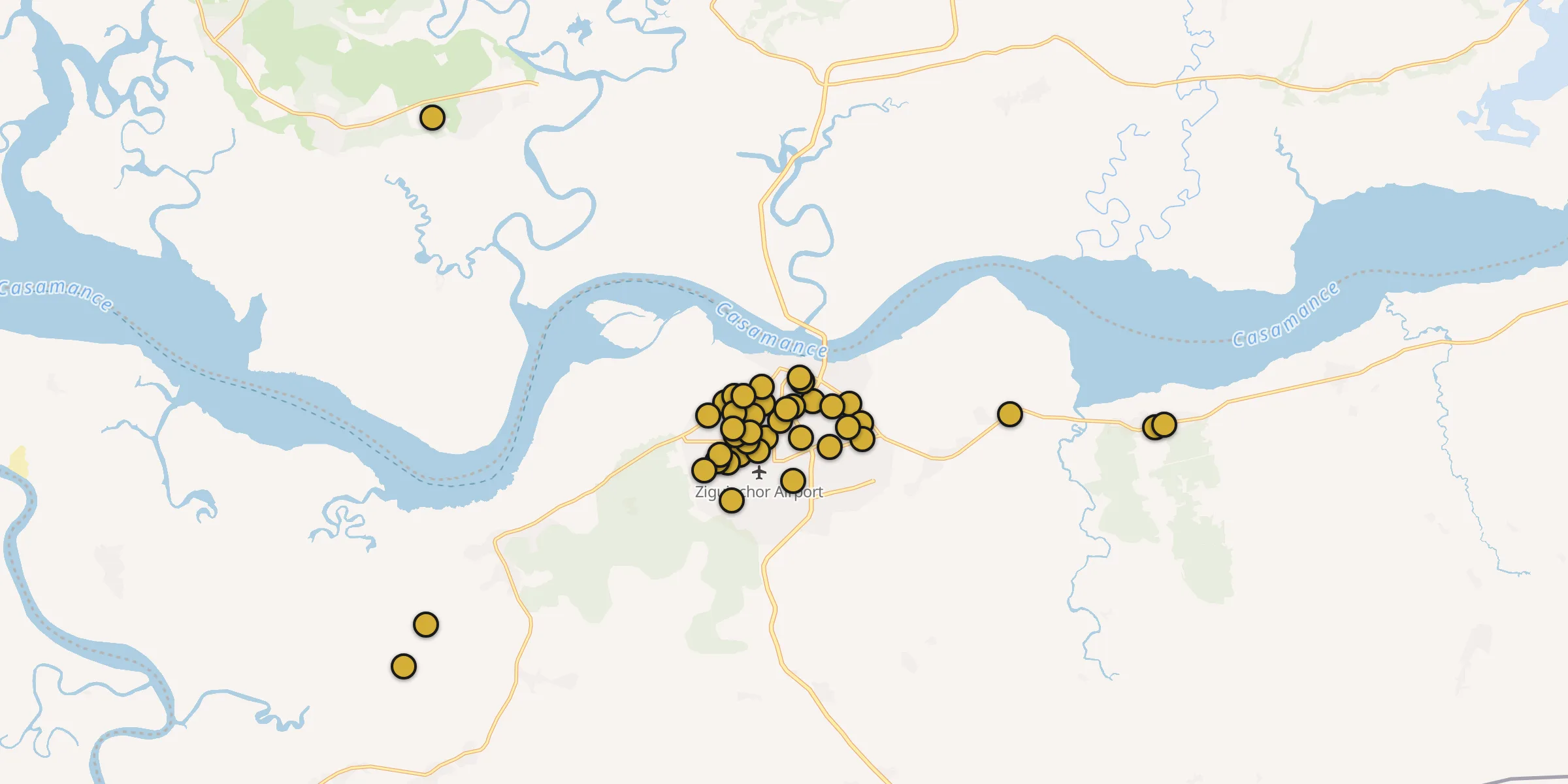 Plan des mosquées à Ziguinchor : cliquez sur un point pour voir la fiche