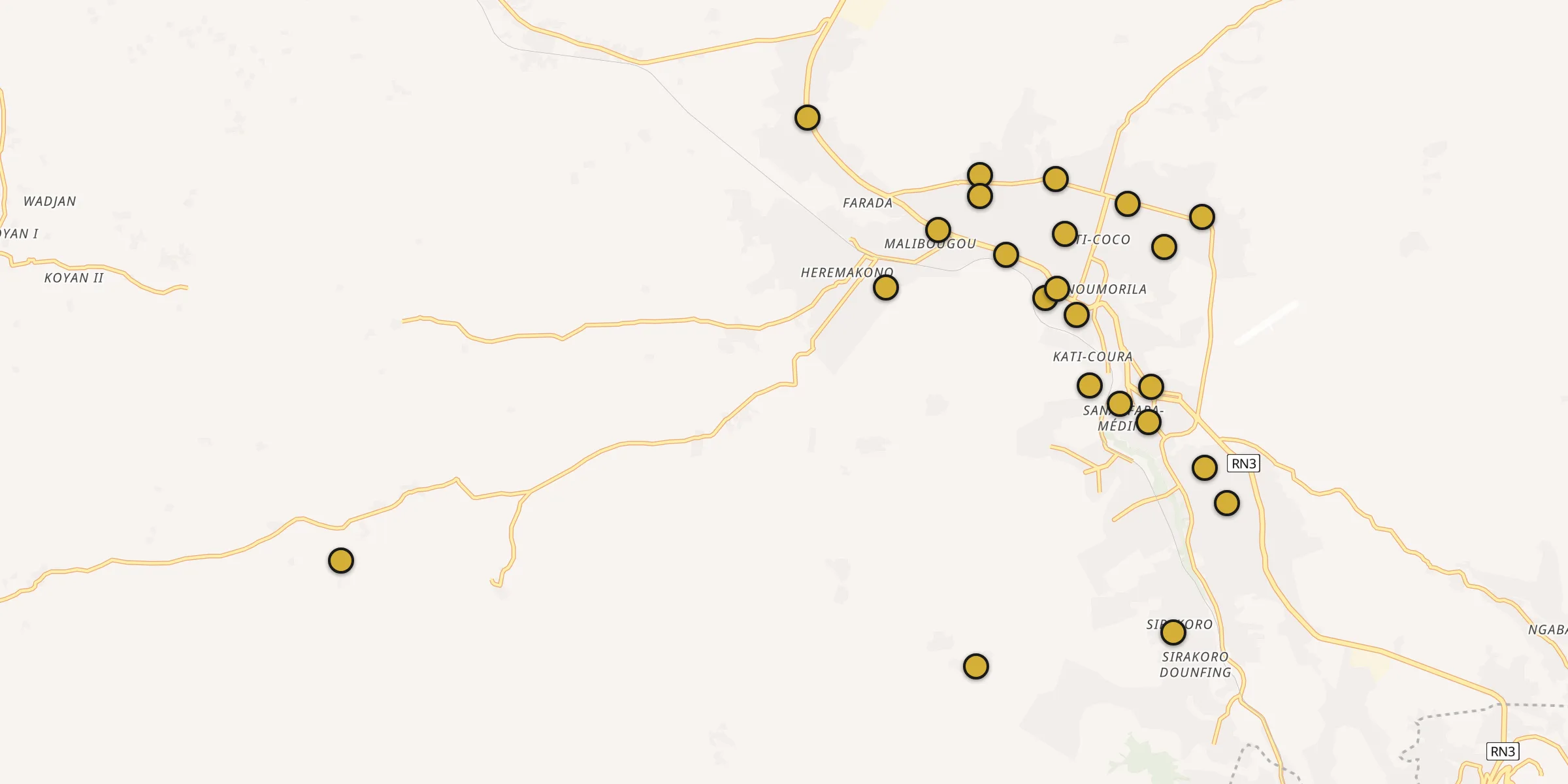 Plan des mosquées à Kati : cliquez sur un point pour voir la fiche