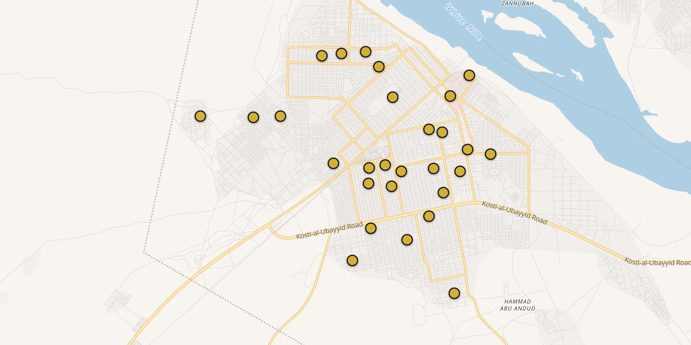 Plan des mosquées à Kosti : cliquez sur un point pour voir la fiche