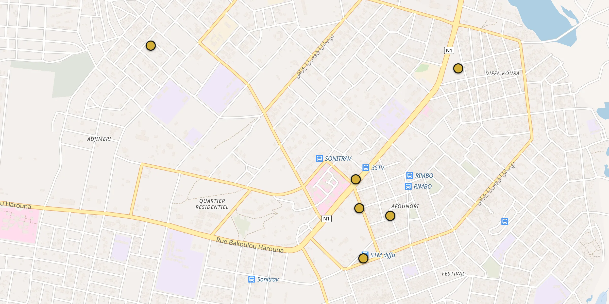 Plan des mosquées à Diffa : cliquez sur un point pour voir la fiche