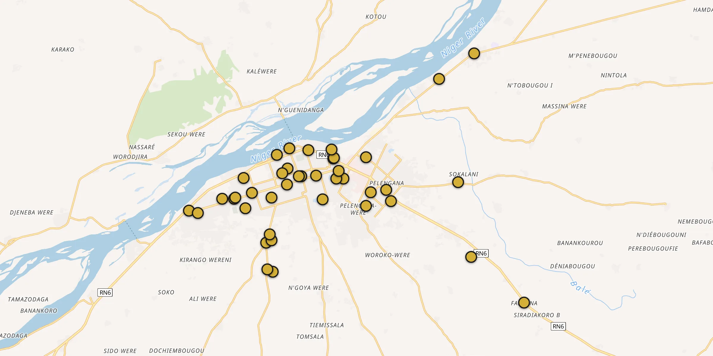 Plan des mosquées à Ségou : cliquez sur un point pour voir la fiche