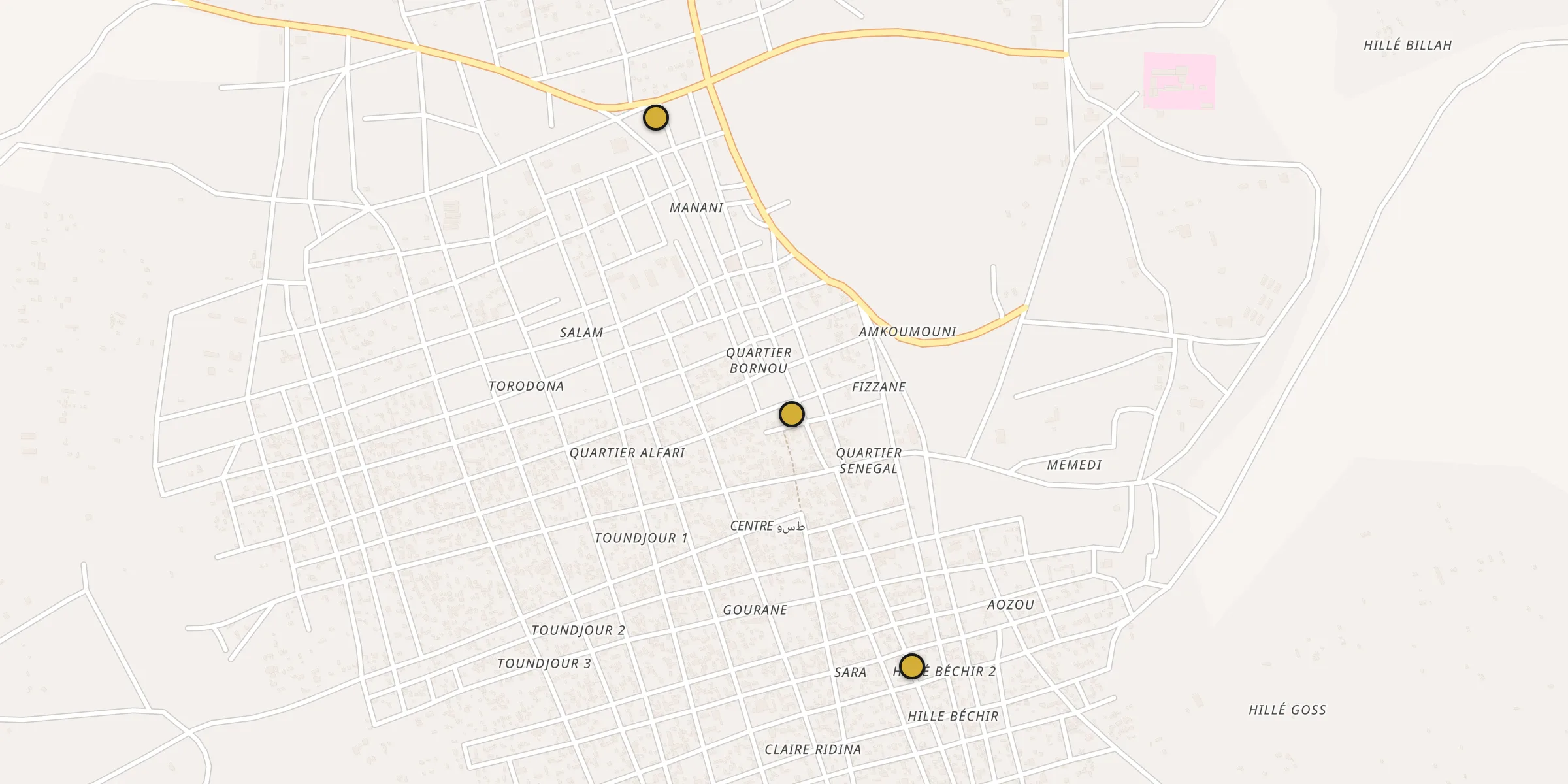Plan des mosquées à Moussoro : cliquez sur un point pour voir la fiche